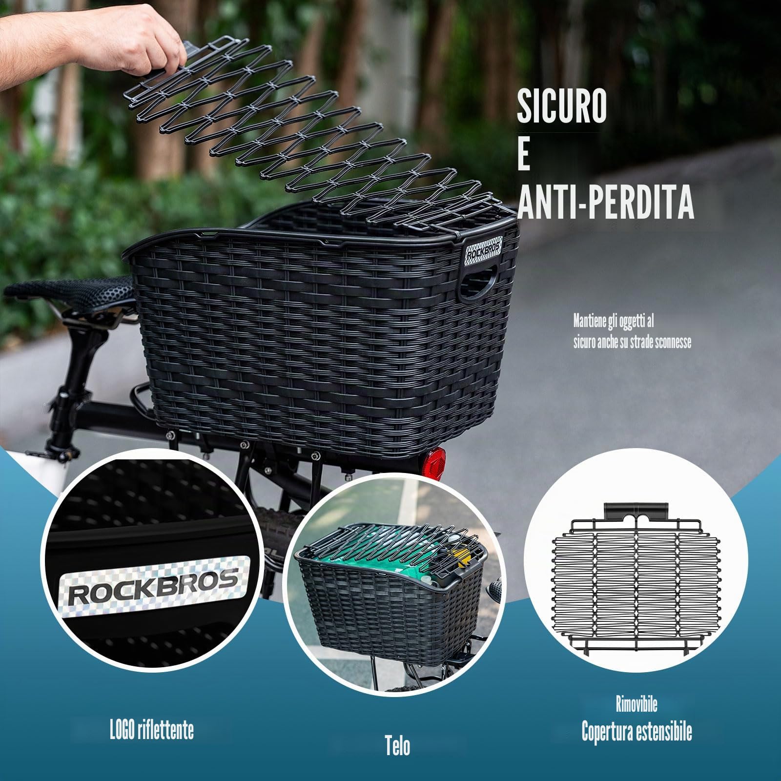 ROCKBROS Cestino Bicicletta Posteriore, Grande Capacità, Robusto e Durevole, con Coperchio Espandibile, per Maggior Parte dei Portapacchi, Cestino Bici per Cani, Verdure, Borse
