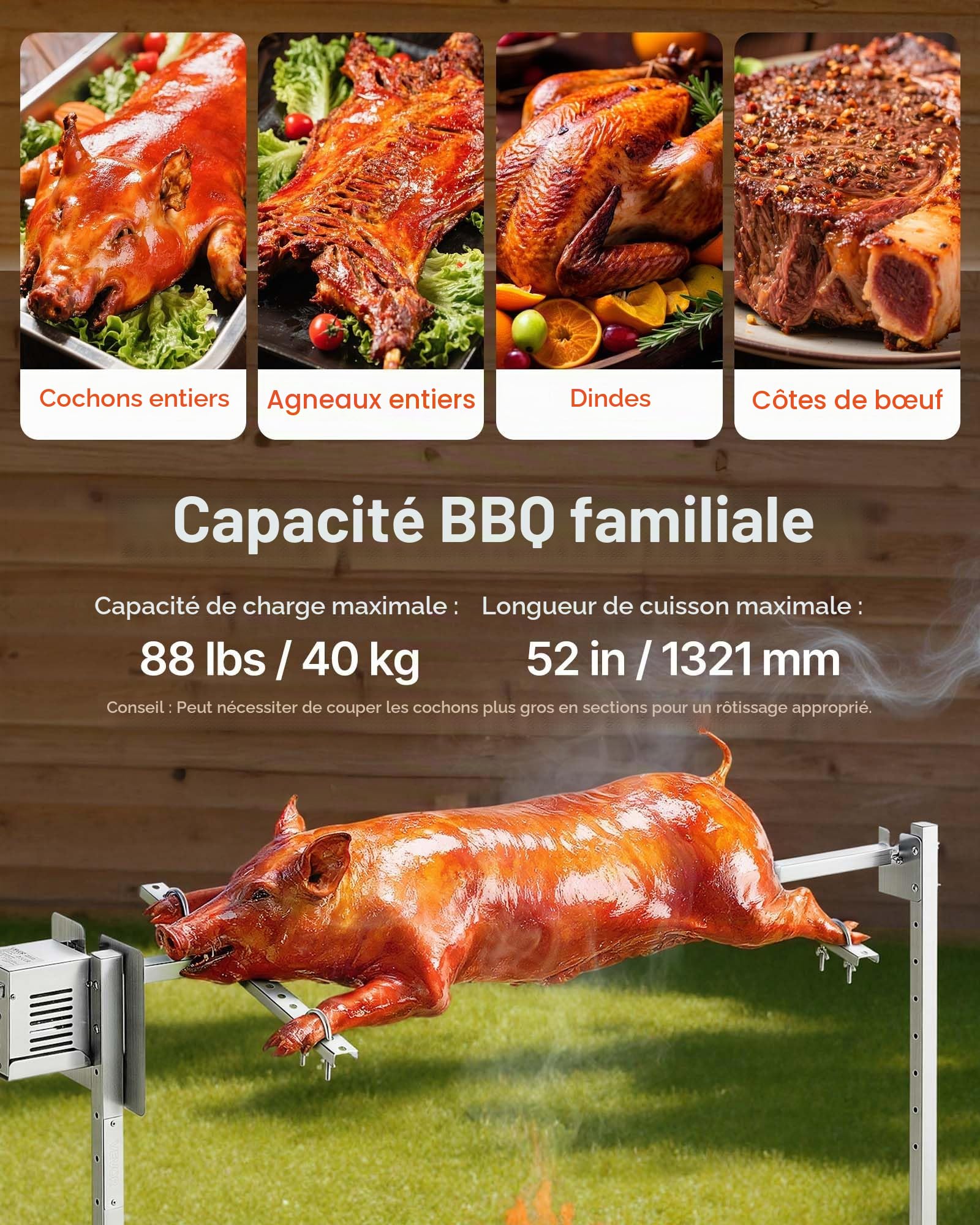 VEVOR Barbecue Rôtissoire Capacité de Charge de 40 kg, Kit de Tournebroche Électrique à 8 Niveaux de Hauteur, Moteur Automatique 38 W, Fourchette en Acier Inoxydable, pour Agneau Porcelet, Fête