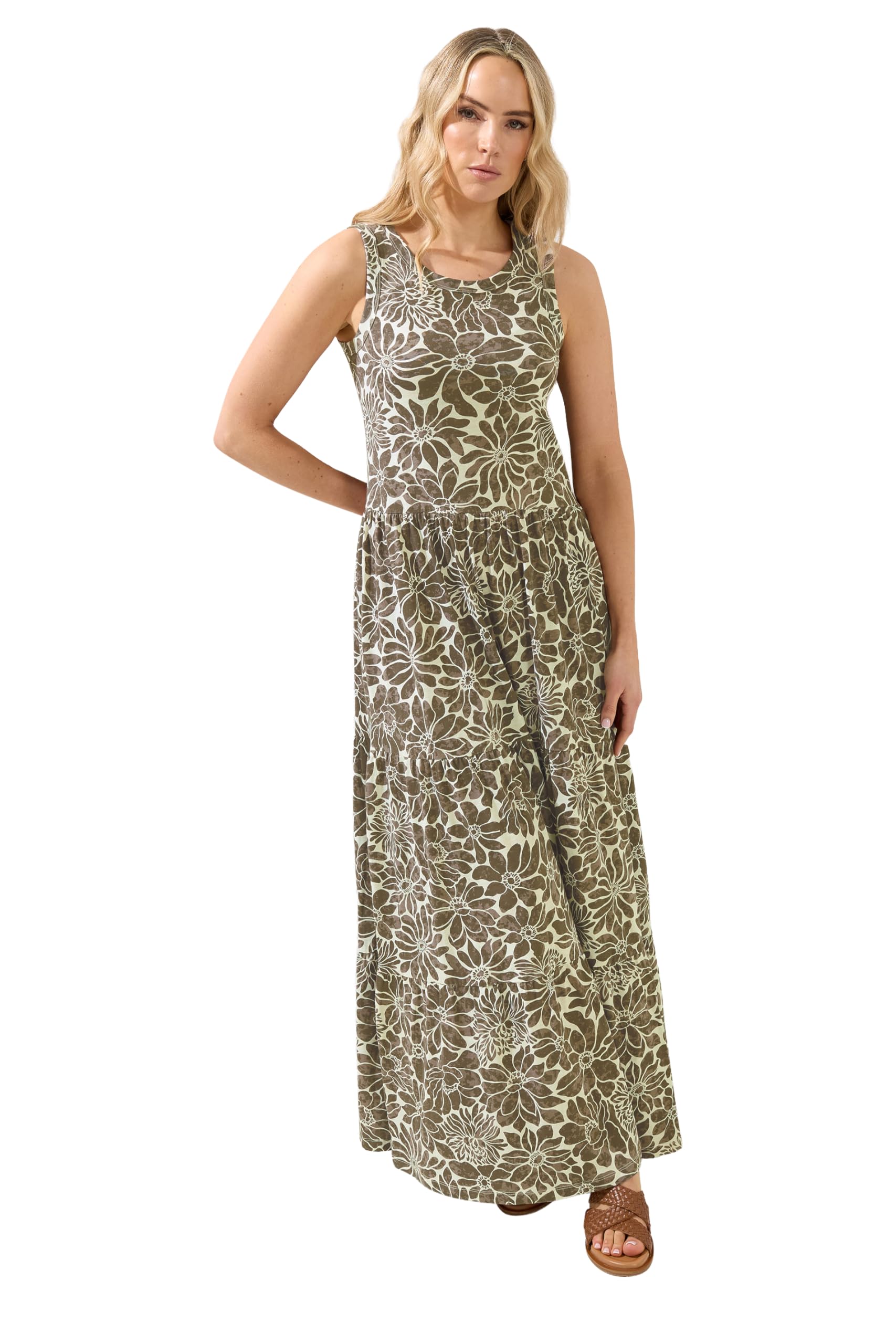 Lts Women's Brown Tall & Cream Floral Cotton Maxi Dress Size 12