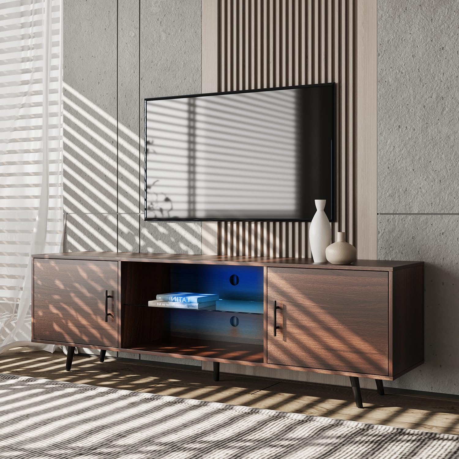 Furnnylane Farmhouse TV Stand for 65 inch TV LED TV Stands Front Entertainment Center with Cabinets for Living Room,Bedroom