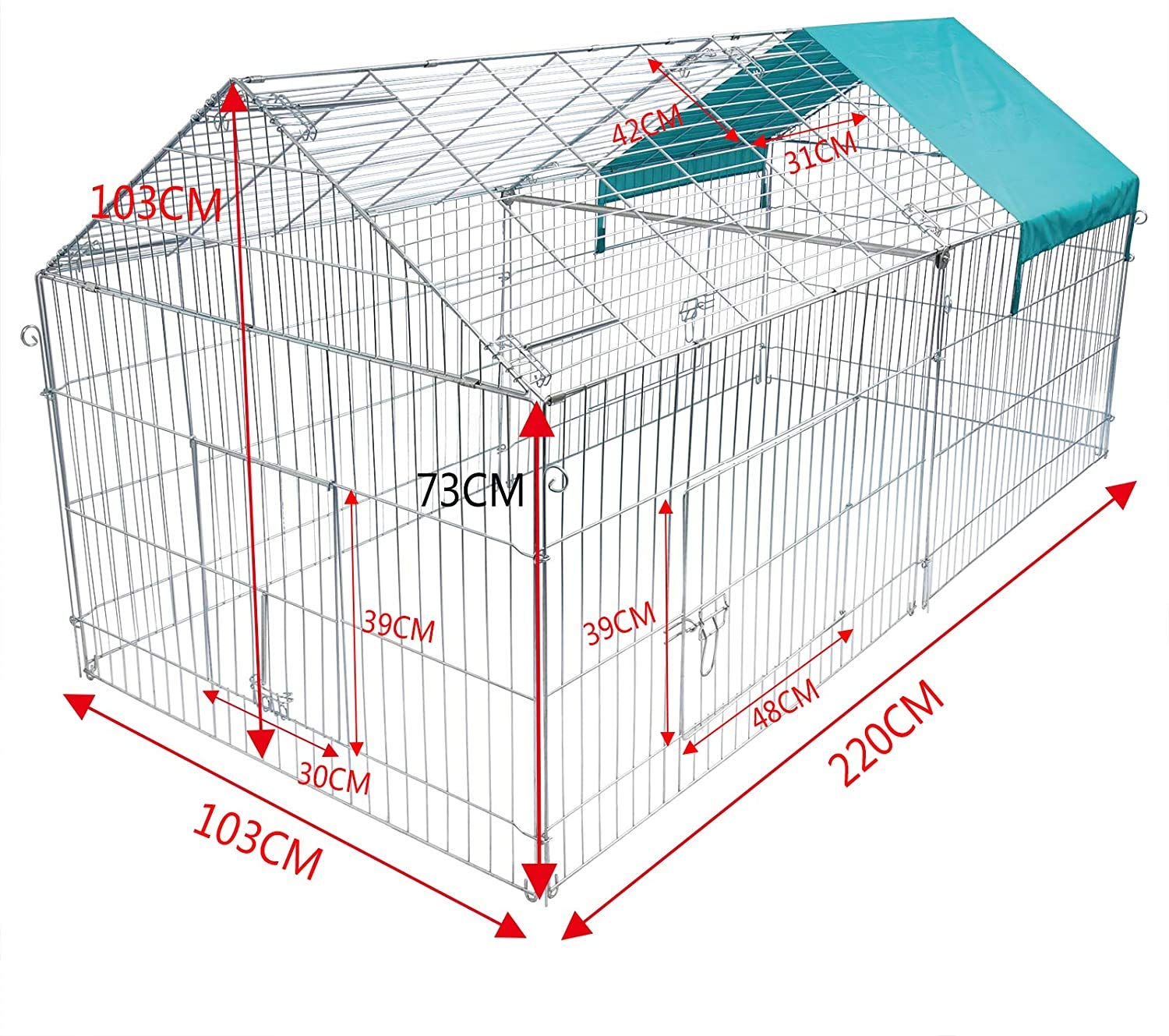 EUGAD Recinto per Animali con Telo di Copertura con Protezione Parasole, Recinzione in Acciaio, Griglia Casetta Recinto Esterno Interno Gabbia per conigli,Anatre,Galline 220x103x103cm