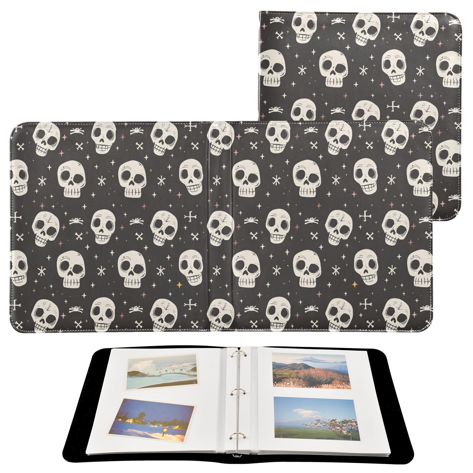 JIPONI Human Skeleton Heads Large Photo Album, DIY Leather Cover Scrapbook Albums for 4x6 5x7 6x8 Pictures, Self Adhesive Memory Book for Wedding, Baby, Family