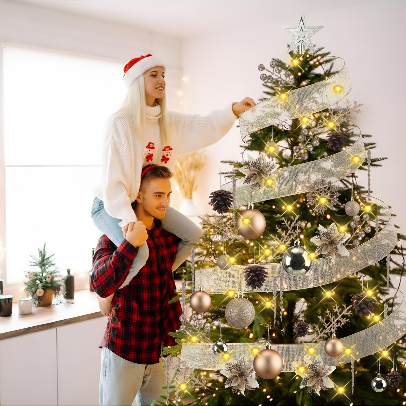 Canlierr Lot de 145 décorations de sapin de Noël avec guirlande lumineuse assorties incassables – Décorations à paillettes, poinsettia, flocons de neige, baies, tiges – Décoration pour sapin de Noël