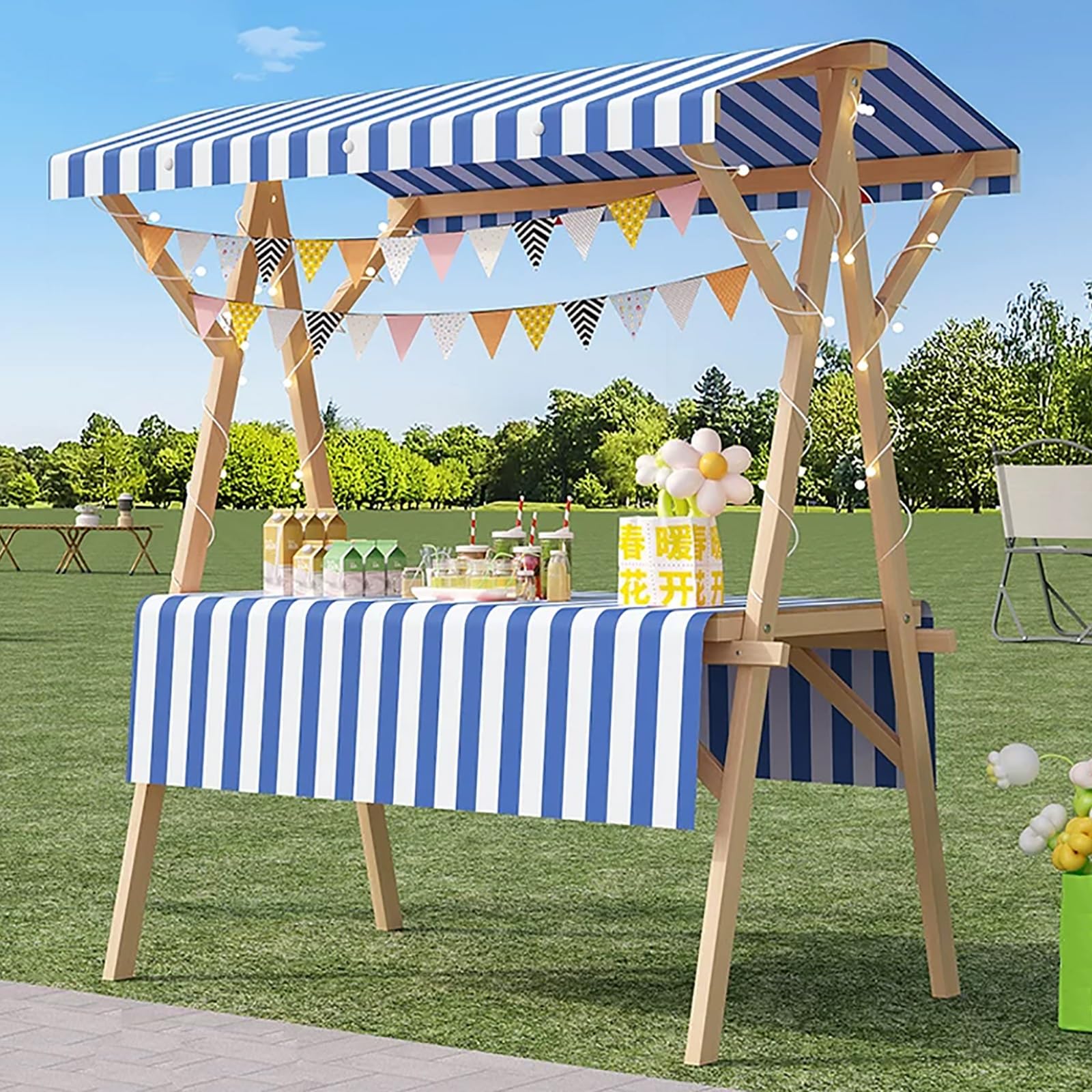 Bancarella da Mercato in Legno Pieghevole con Tettoia | Carrello Alimentare Portatile da Esterno, Chiosco Vendita Esterno con Protezione da Sole e Pioggia(Blue,150cm/59in)