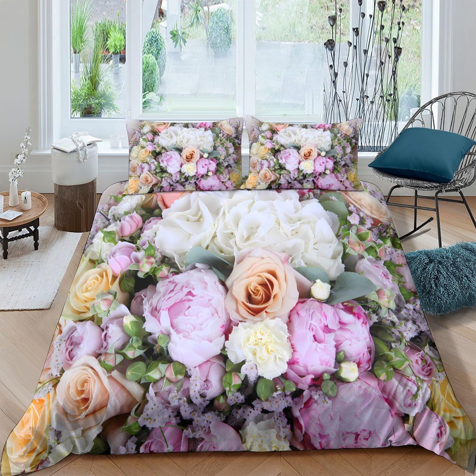 Ctjqhvkz Style-1 3D Printed Floral Rose Fitted Sheet Microfiber Soft Breathable Peony Bed Cover For Bedroom Guest Room Decor Single（135X200cm）
