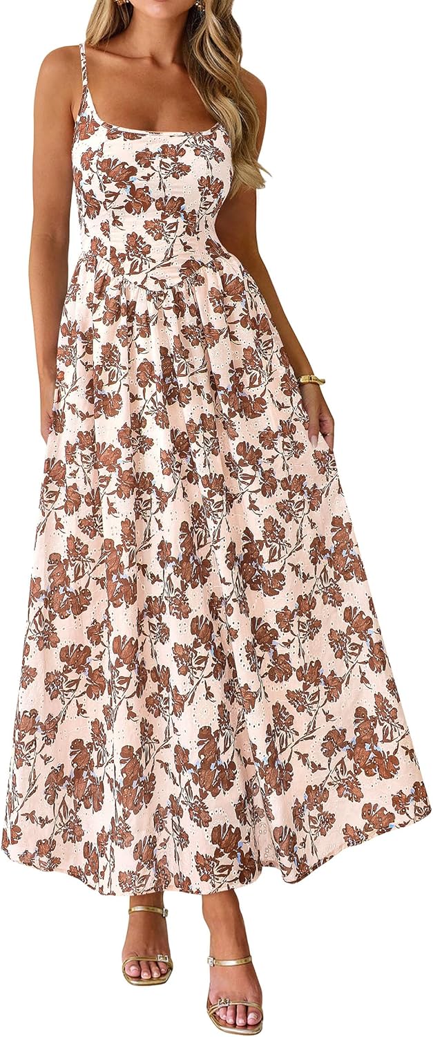 PRETTYGARDEN Womens 2026 Spring Boho Maxi Dress Eyelet Floral Long Flowy Sundresses Summer Beach Vacation Clothes