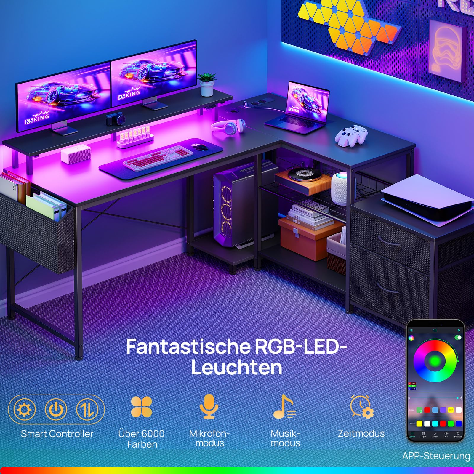 Seventable Schreibtisch L Form mit Ablageflächen, Gaming Tisch mit LED & Steckdosen, Computertisch mit Monitorständer für Homeoffice, Schlafzimmer, Wohnzimmer, Schwarz