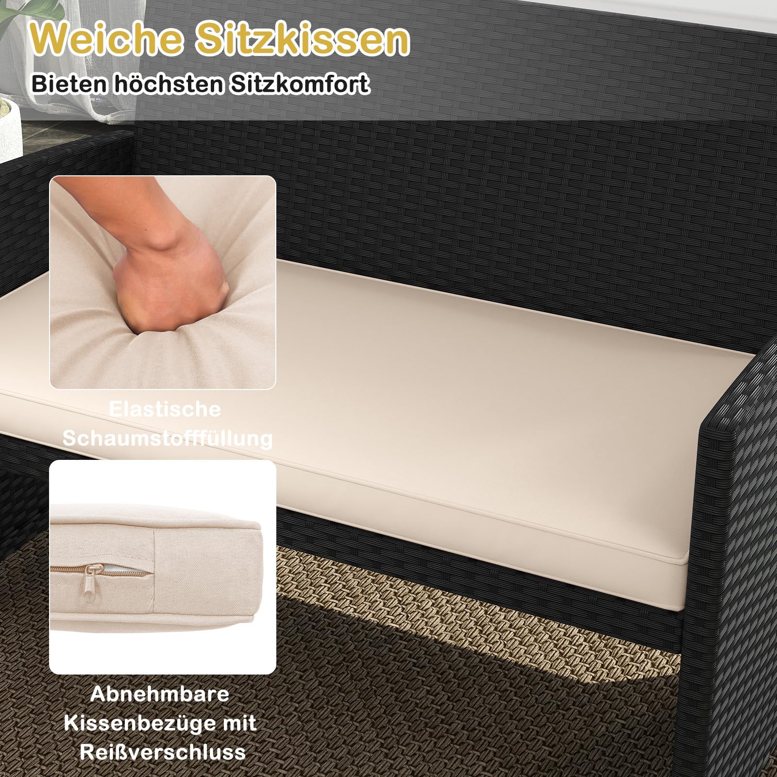 SOARS Gartenmöbel Set aus Polyrattan, Balkonmöbel mit 2 Sesseln, Zweisitzer, Glas-Couchtisch & 4 Sitzkissen, Lounge Möbel Outdoor für 4 Personen für Tarrasse, Balkon & Garten (Schwarz+Beige)