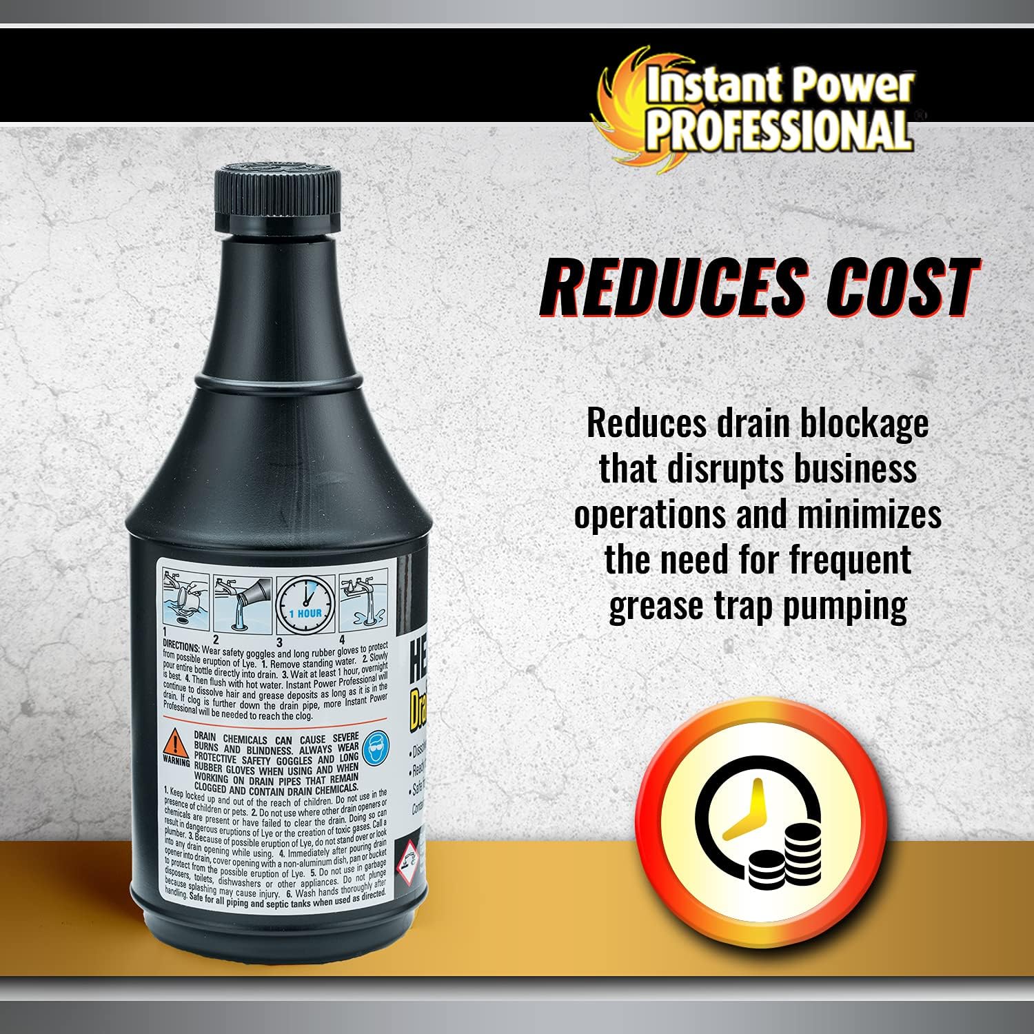 Image illustrating cost savings with a money bag icon and a bottle of Instant Power drain cleaner.