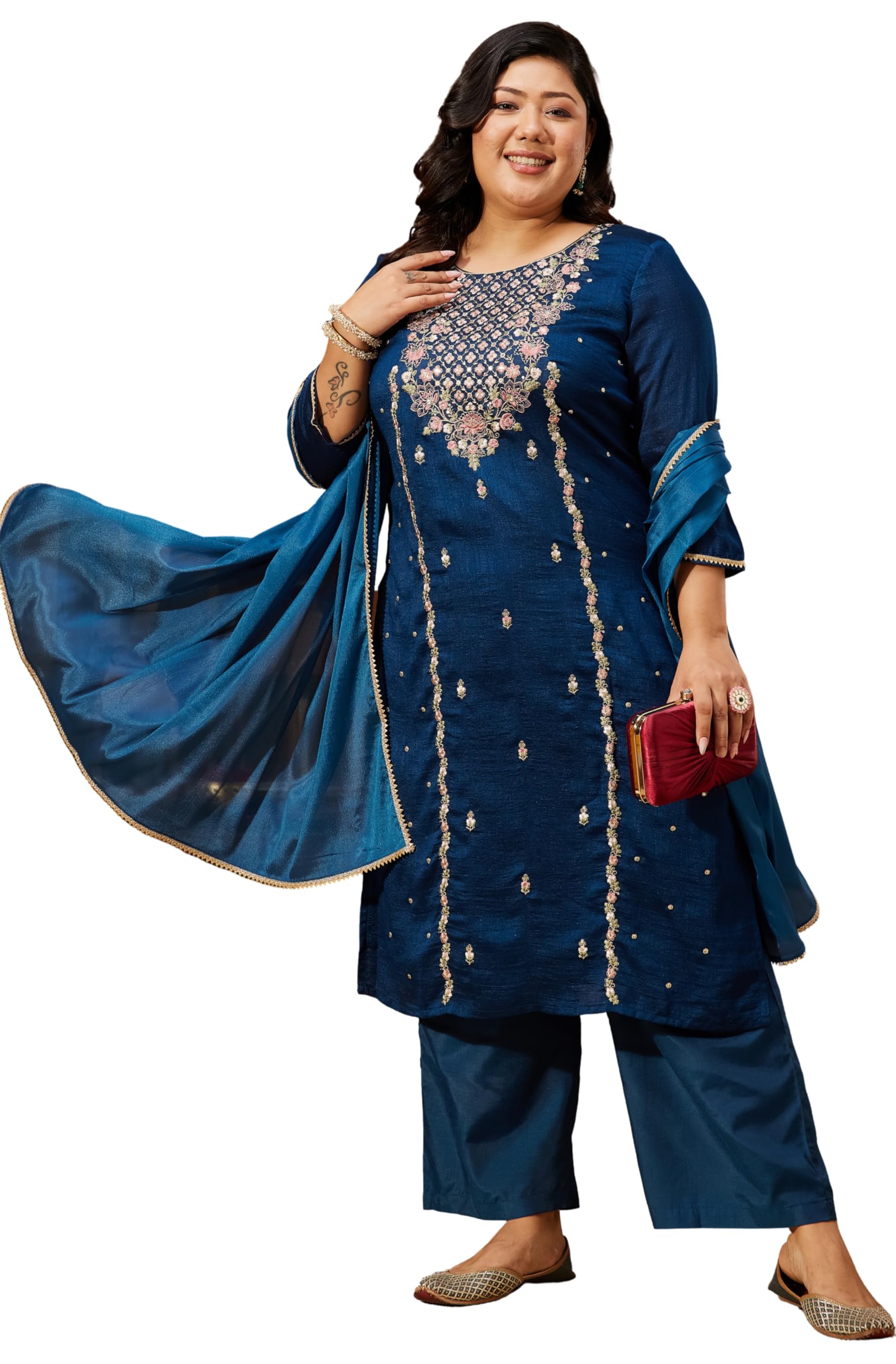 janasya Women's Plus Size Teal Blue Silk Blend Zari Embroidered Straight Kurta Set-picture-32
