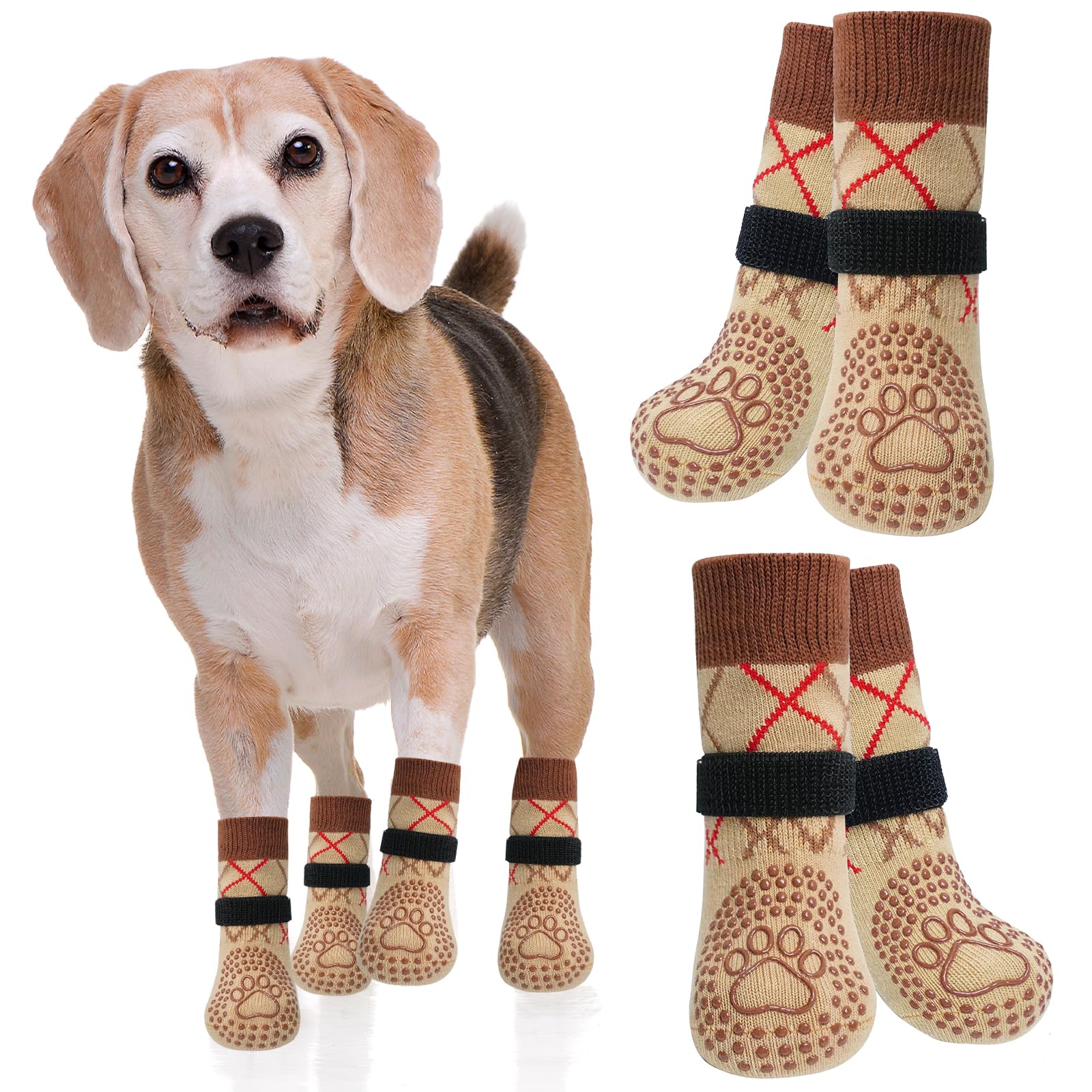 Chaussettes Chien Antidérapantes, 2 Paires Chaussette Chiens Protection Plaie, Réglable Chaussette pour Chien, Flexible Chausson Chiens pour Une Utilisation Intérieure et Extérieure (Brun-XL)