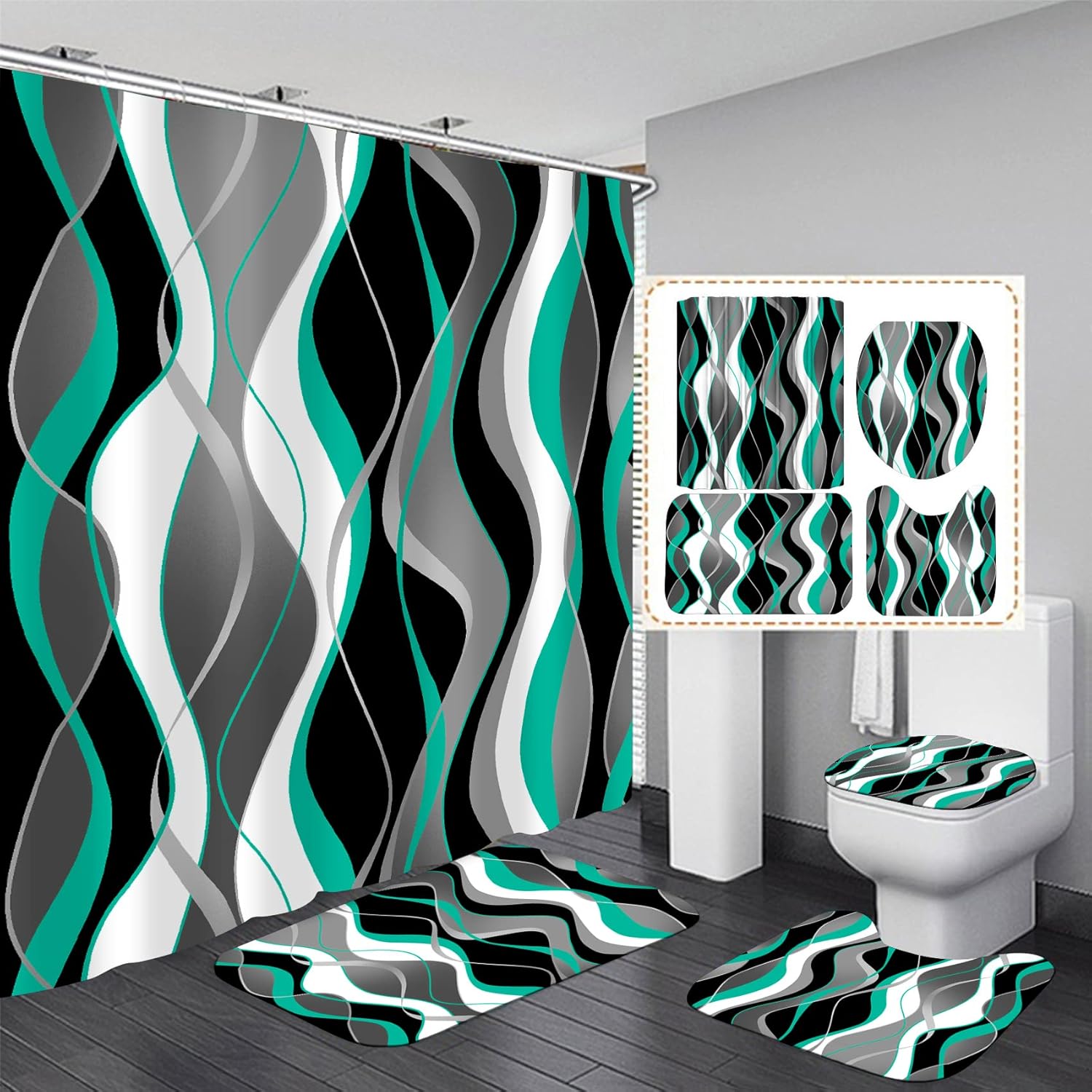 Nkzply 4 Pcs Turquoise and Black Striped Shower Curtain Set