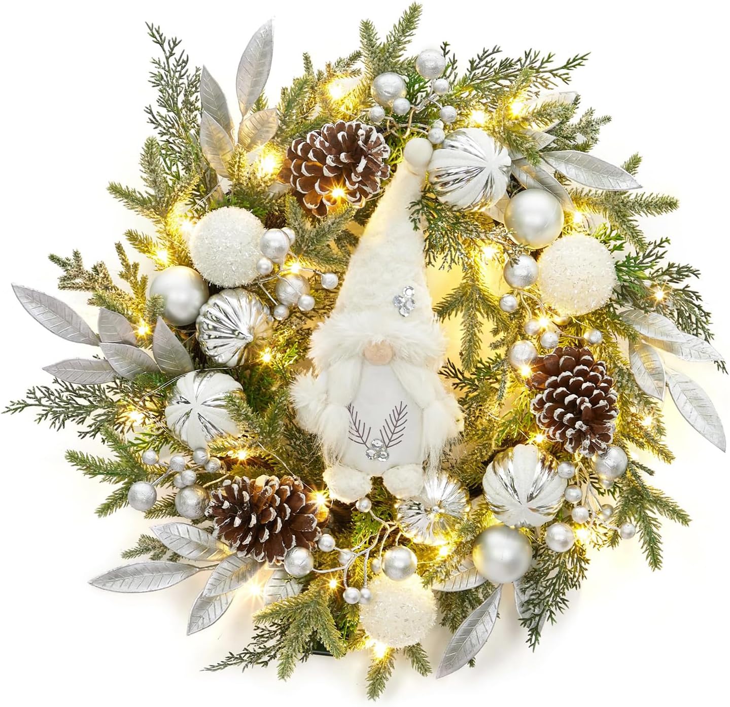 Christmas Wreath with Lights 22 Inch Battery Operated Winter Gnome Wreaths with Silver White Balls Pine Cones for Front Door Outdoor Christmas Decorations