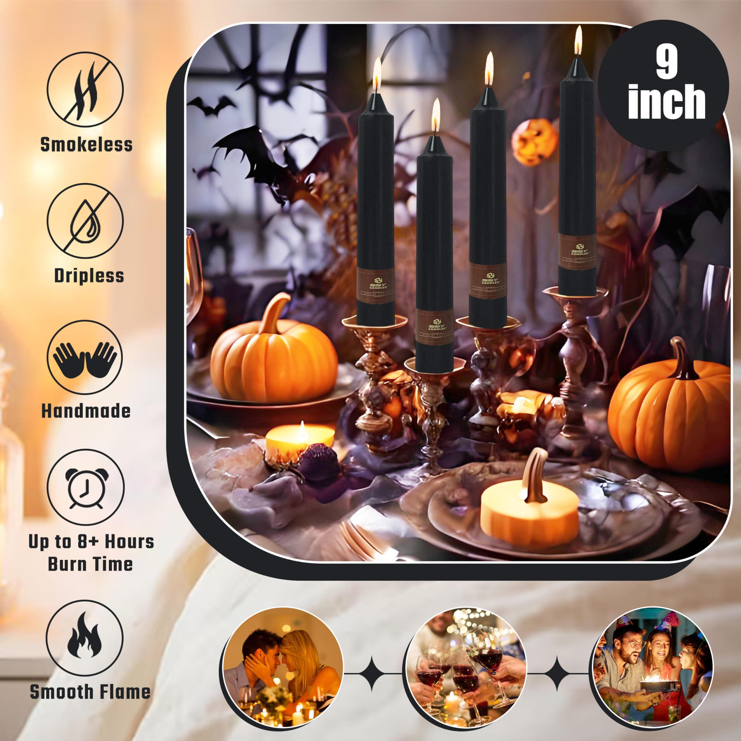 Confezione da 4 candele coniche nere per Halloween, versate a mano, 22,9 cm, non profumate, lunghe candele affusolate per decorazioni spettrali, case infestate e matrimoni gotici, combustione pulita