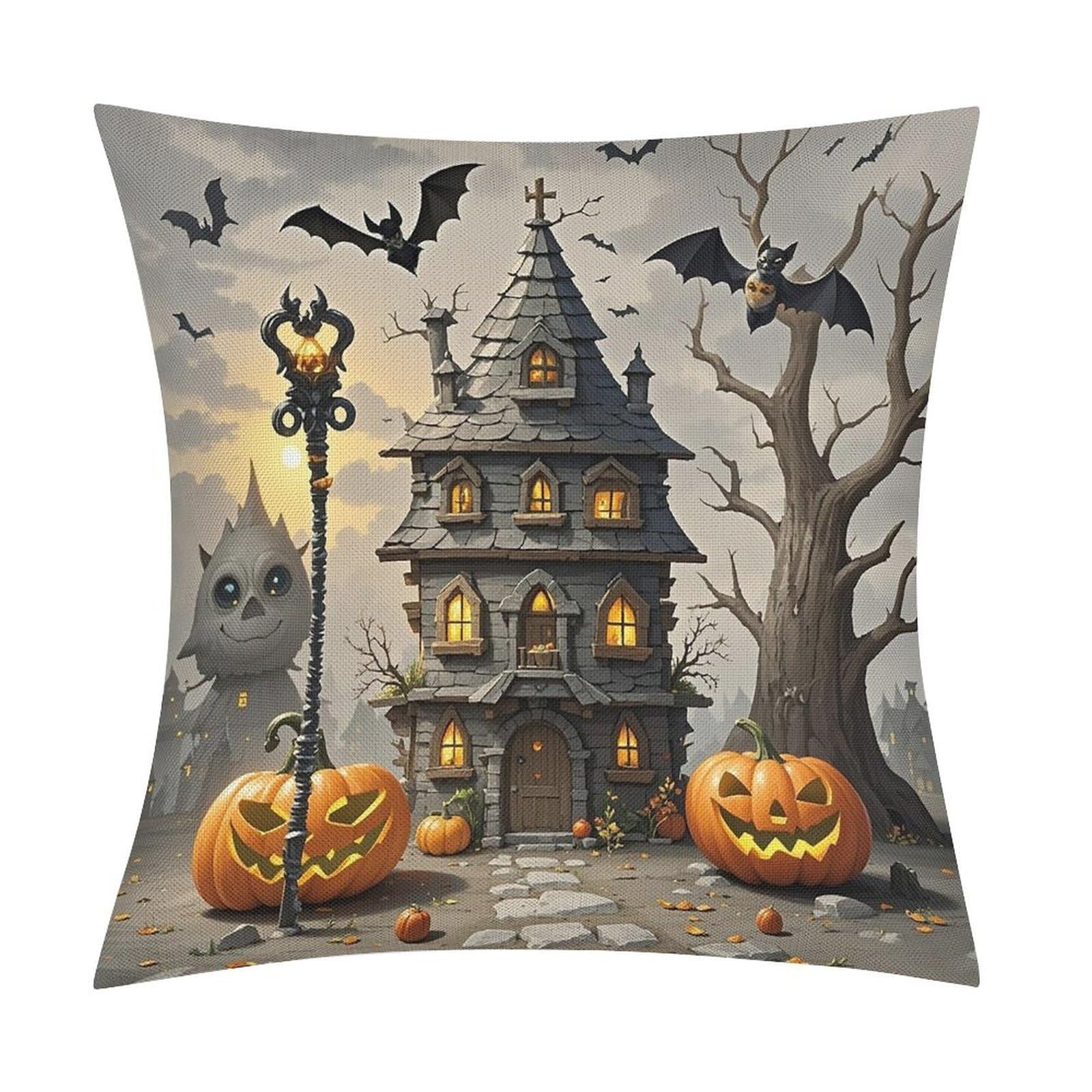 FekiLoot Pumpkin Haunted House Throw Pillow Cover Soft Square Cushion Case Farmhouse Cushion Cover Decorative Pillow Cover Modern Pillowcase for Sofa Living Room Bed Home Decor 18x18 Inch