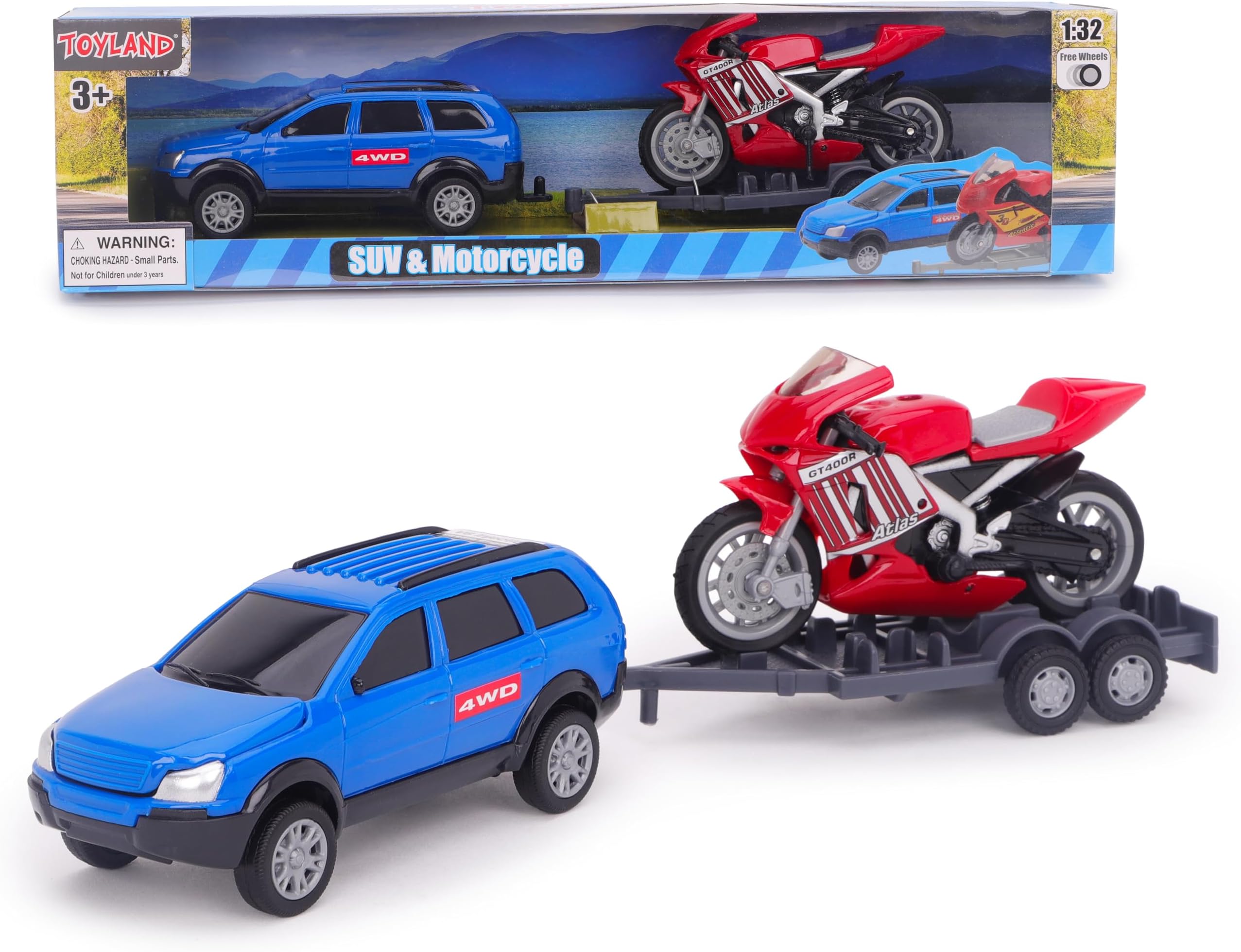 Toyland® 27cm (11”) SUV Car, Motorbike & Trailer Play Set - 1:32 Scale Toy Vehicle - Free Wheel Motion Movement - 3+ Years (Blue & Red)