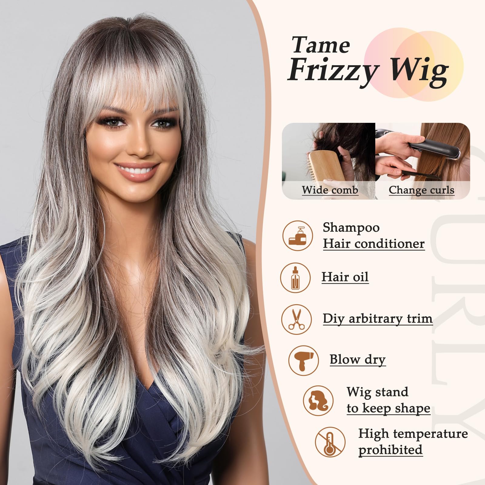 Testar Long Wavy Silver Grey Wig With Bangs - Heat Resistant Synthetic Fiber Wig for Daily Party Cosplay - 26IN (Brown Grey Ombre) - Image 3