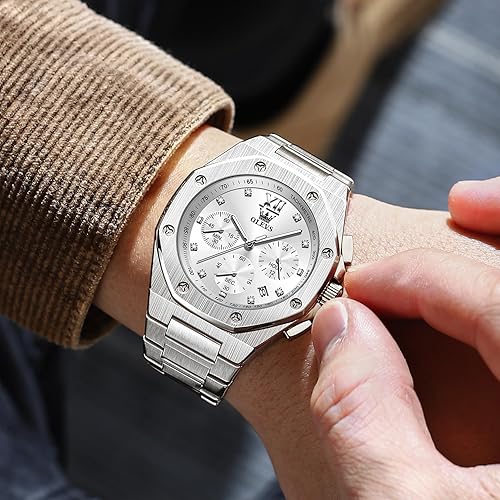 Miniatura 2 de OLEVS Reloj de acero inoxidable para hombre, octogonal de tres manecillas, de cuarzo, analógico, de lujo, fácil de leer, calendario, fecha,
