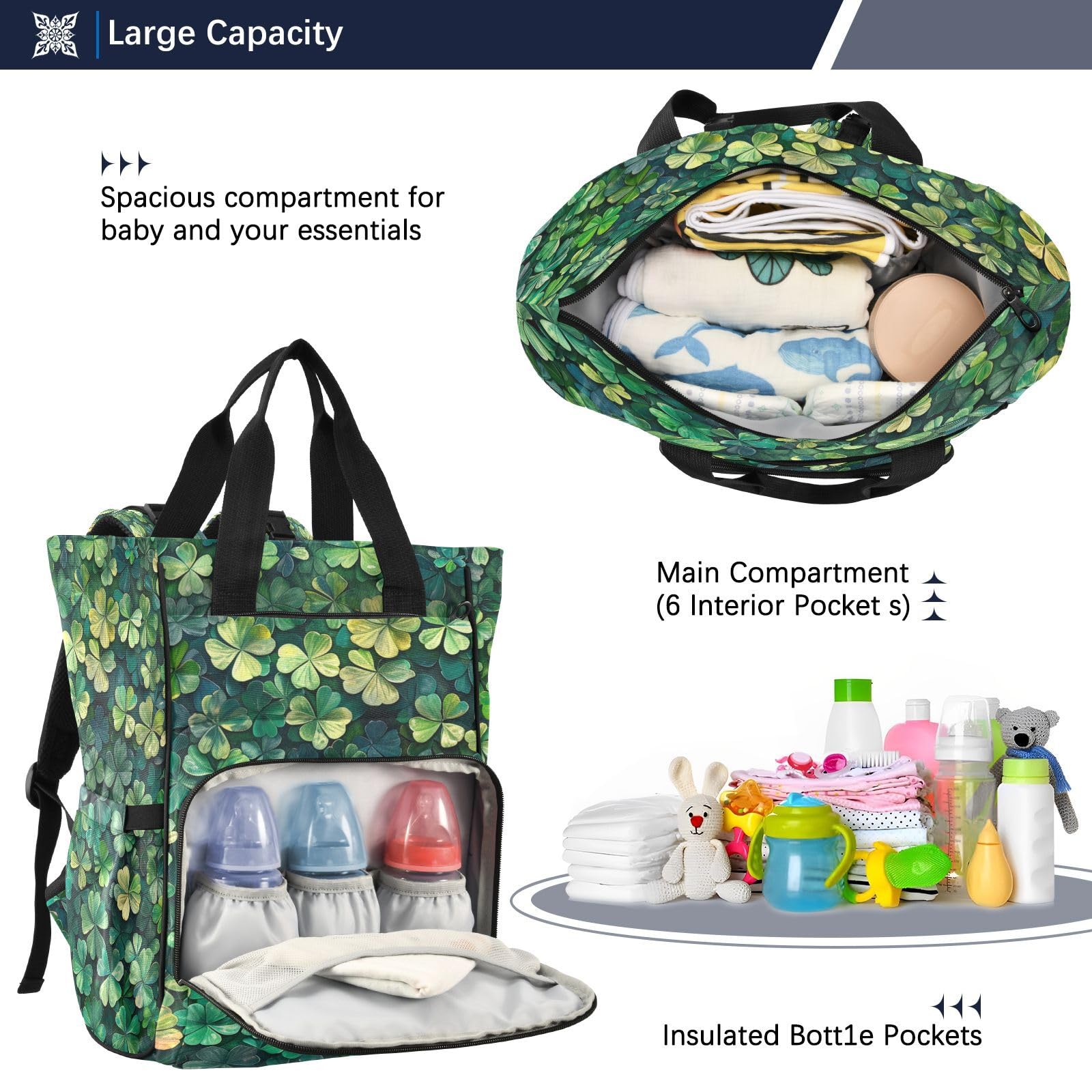 TréBoles Verdes Hoja Natural Mochilas de Pañales para Gran Capacidad Pañal Bolso Mochila para Viajar al Aire Libre Mamá y Papá