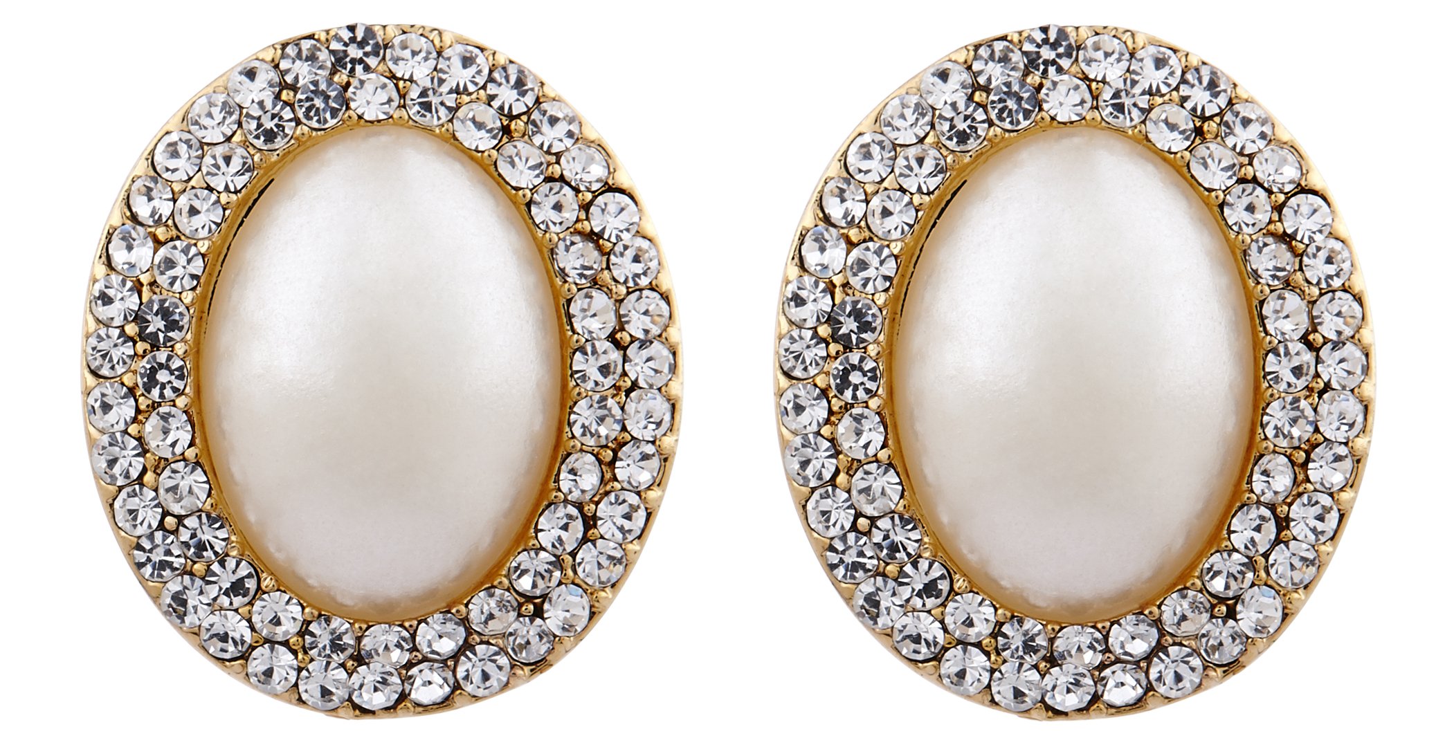 Pendientes de clip - chapado en oro con una perla en forma ovalada y piedras cristalinas - Bertha G por Bello London