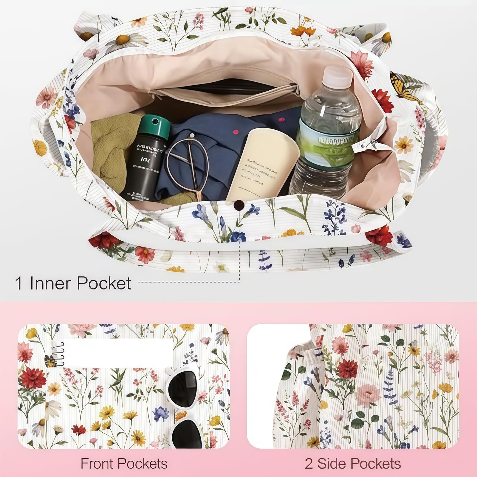 Große Cord Tote Bag Tasche für Damen – Niedliche ästhetische Schultertasche, Wiederverwendbare Canvas Tasche mit Reißverschluss Mehreren Taschen für Arbeit Schule Gym Reisen