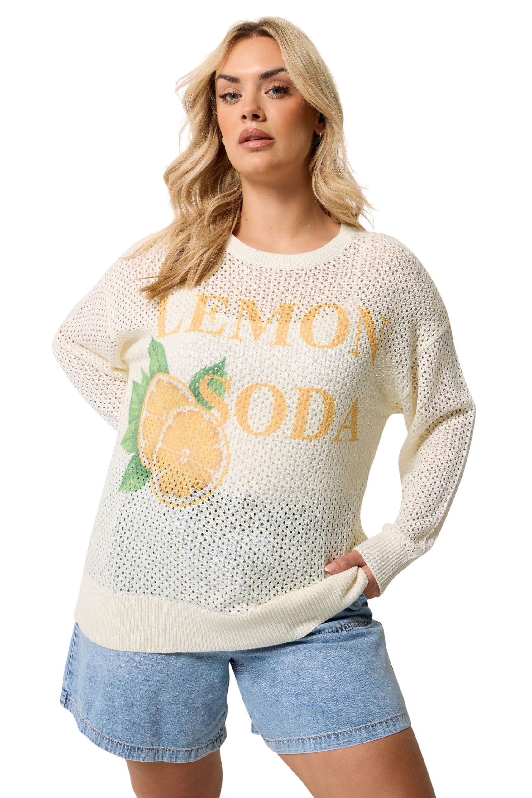 Yours Women's Ivory Curve White 'Lemon Soda' Pointelle Jumper - Plus Size Curve