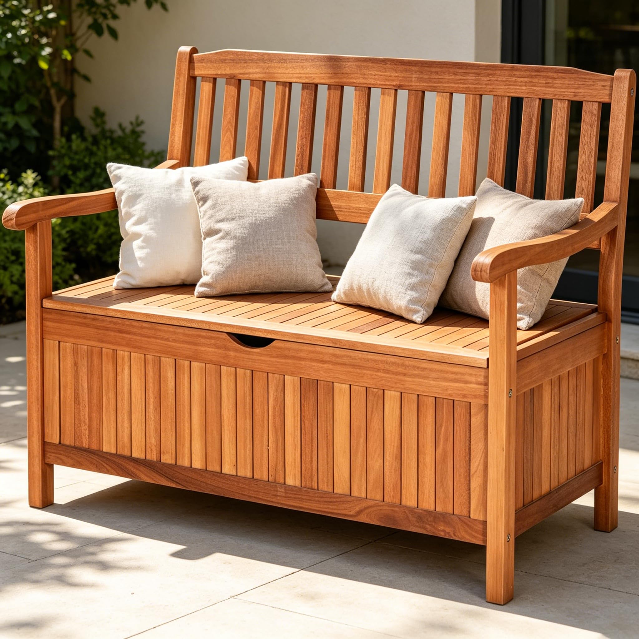 RELAX4LIFE Panchina da Esterno 2 Posti, Panca Contenitore in Legno di Acacia con Cassapanca, Schienale e Braccioli, Strato Interno Impermeabile, Max 360KG per Interno/Giardino (Arancione, 107×59×90cm)