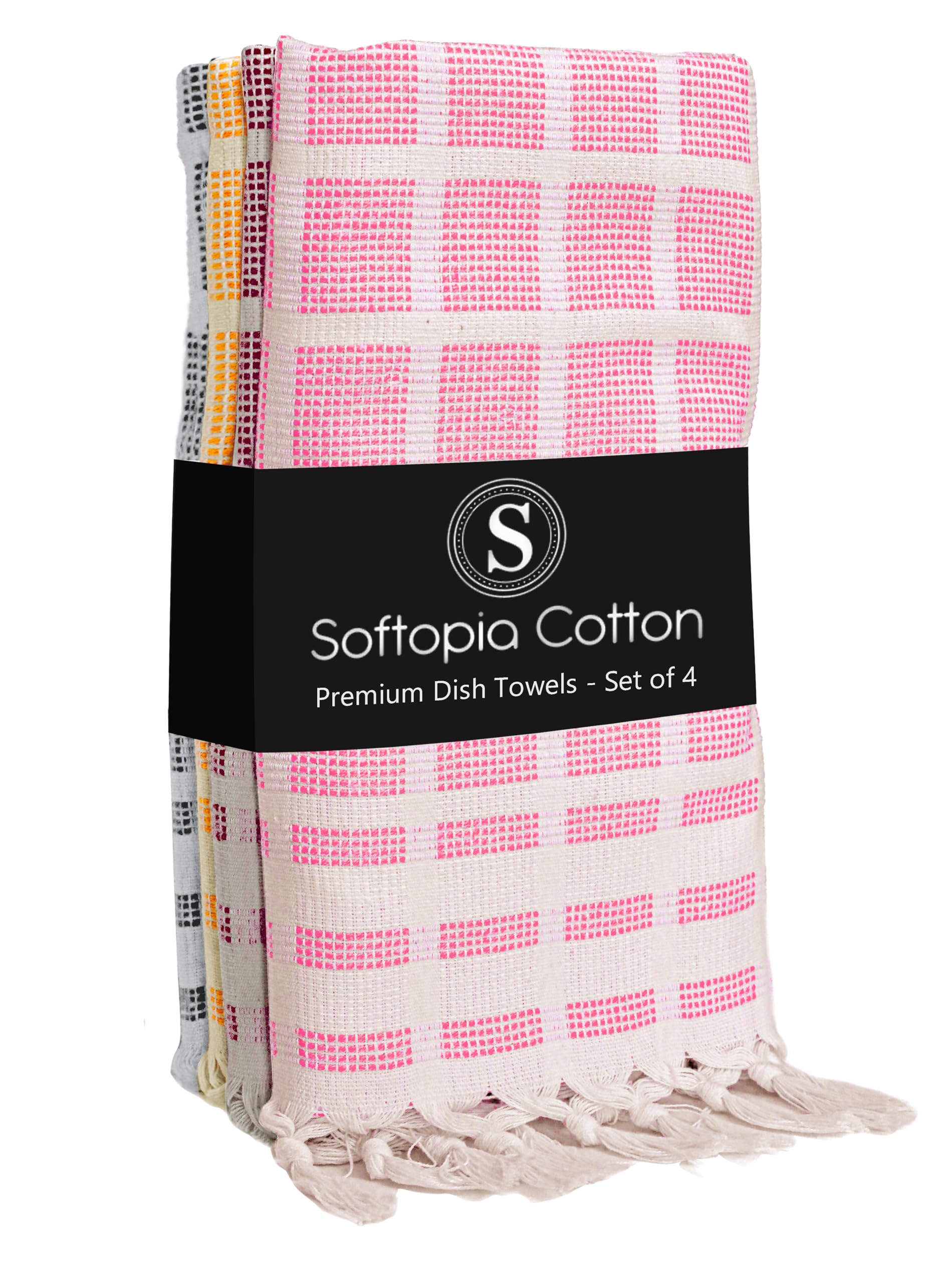 Matrix Dobby Kitchen Towels Set of 4, 100% Cotton, Combo Pack, 16"x26", Absorbent Tea Towels with Tassels, Reusable Cleaning Cloths - Rose Pink, Burgundy, Mustard Yellow, Grey