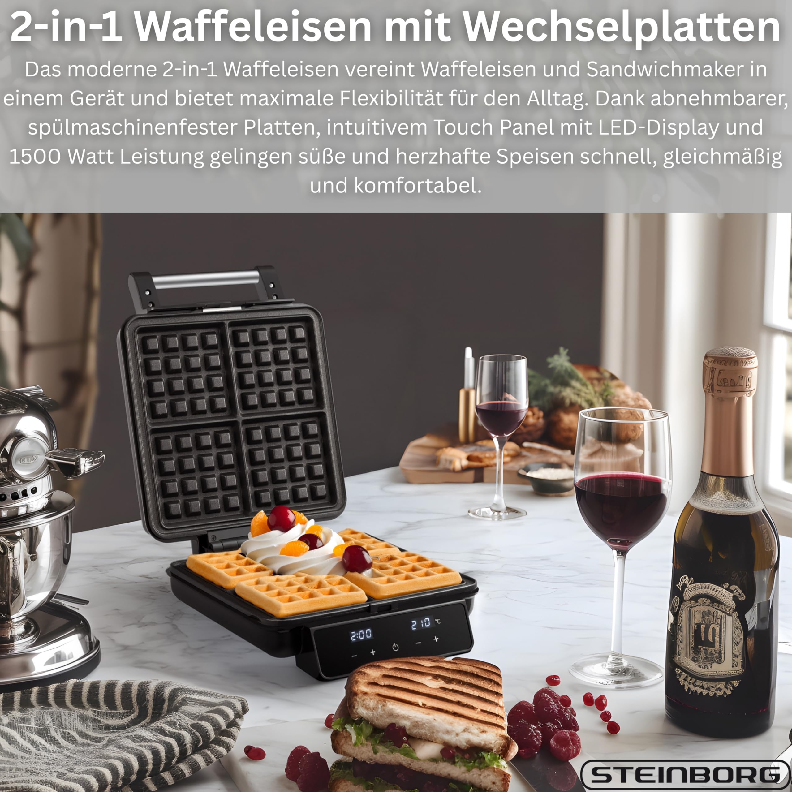Steinborg Gofrownica 2 w 1 gofry belgijskie – elektryczna gofrownica z panelem dotykowym i wyświetlaczem LED, zdejmowane płytki nieprzywierające, nadaje się do mycia w zmywarce, do gofrów i kanapek