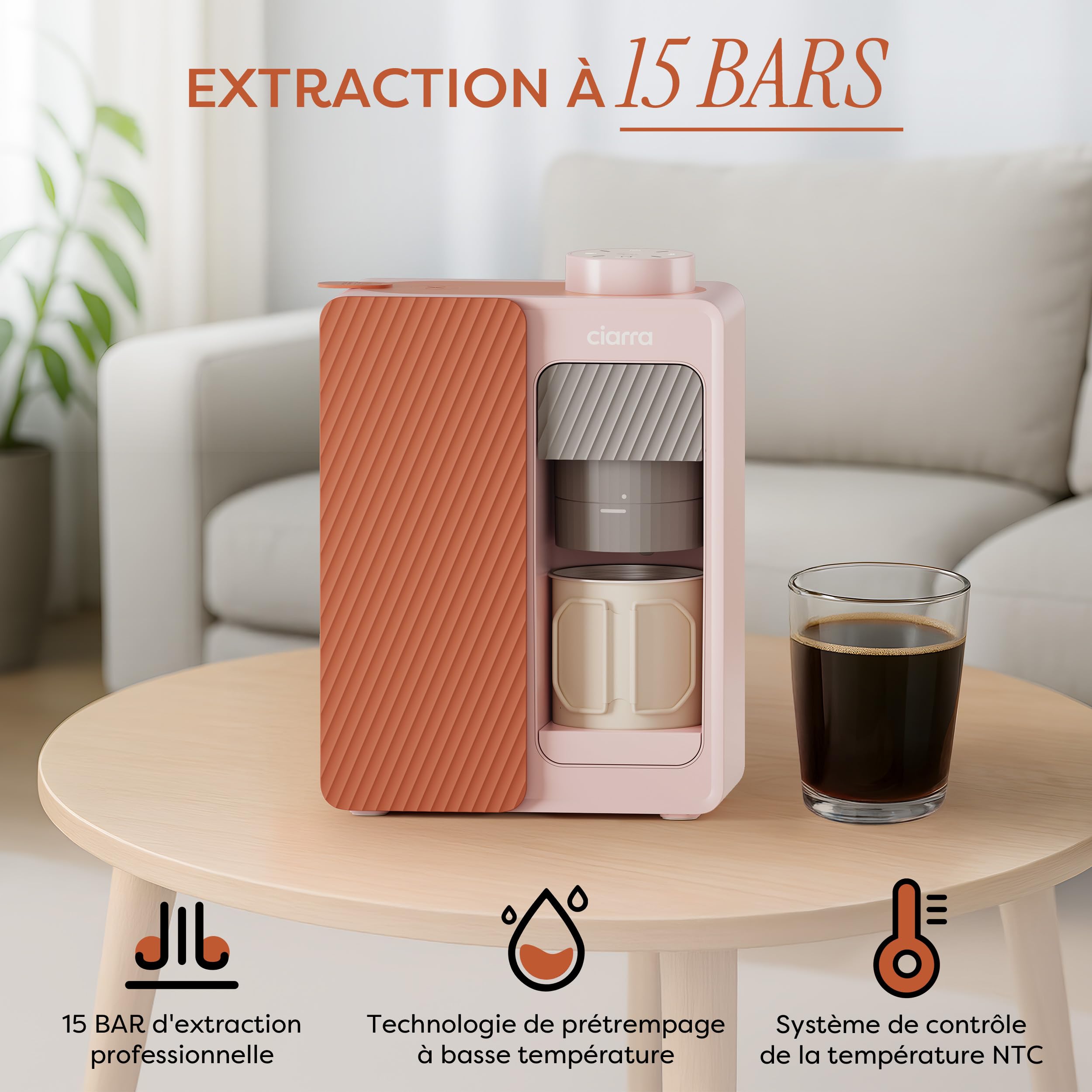 CIARRA Bloom Box Cafetière Portable - Machine à Espresso Nomade 15 Bars, Chauffage & Nettoyage Automatiques, Double Alimentation (Batterie & Secteur), Réservoir 180 ml - CBPCM551-P