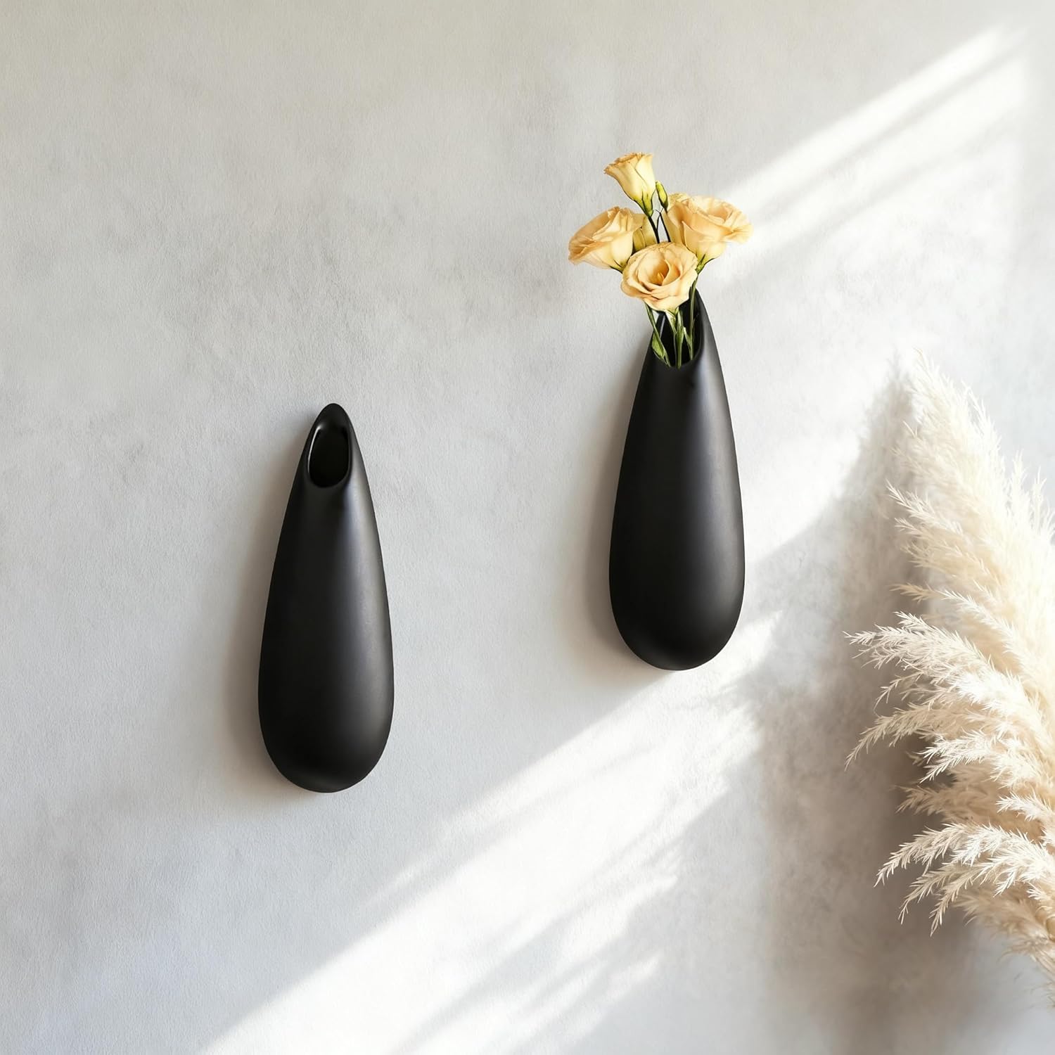 Sculptural Wall Ceramic Vase — 2 Pack Black Hanging Sconce Vase | Turn Flowers into Art — Decorative Ceramic Wall Sconce for Single Stem Displays