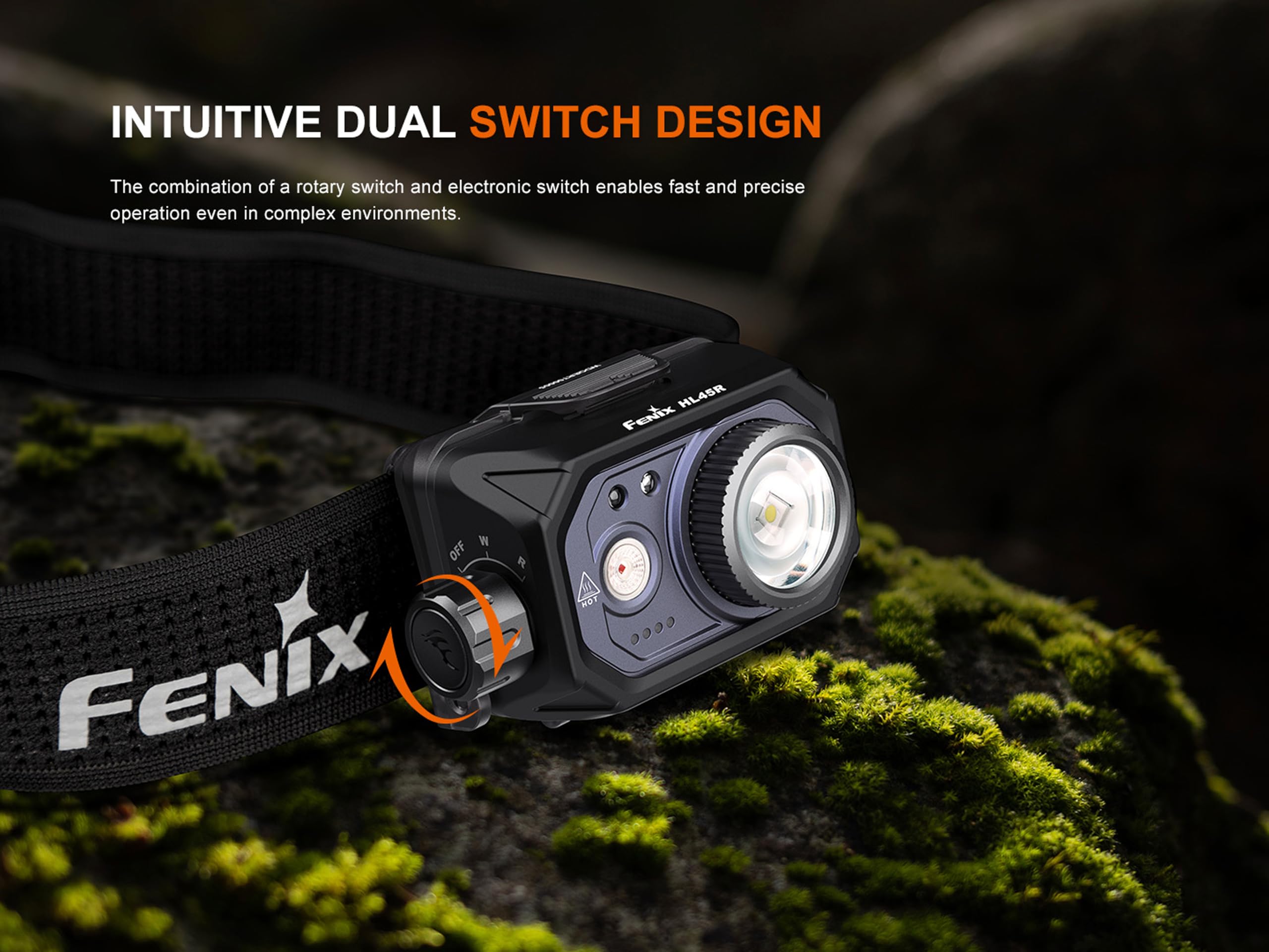 FENIX HL45R Stirnlampe, wiederaufladbar, für Außen/Arbeit/Multifunktion, 1000 Lumen, 220 m, maximal 124 Stunden, weißer Hauptlicht, Unterstützung des roten Lichtstrahls, drehbare Steuerung