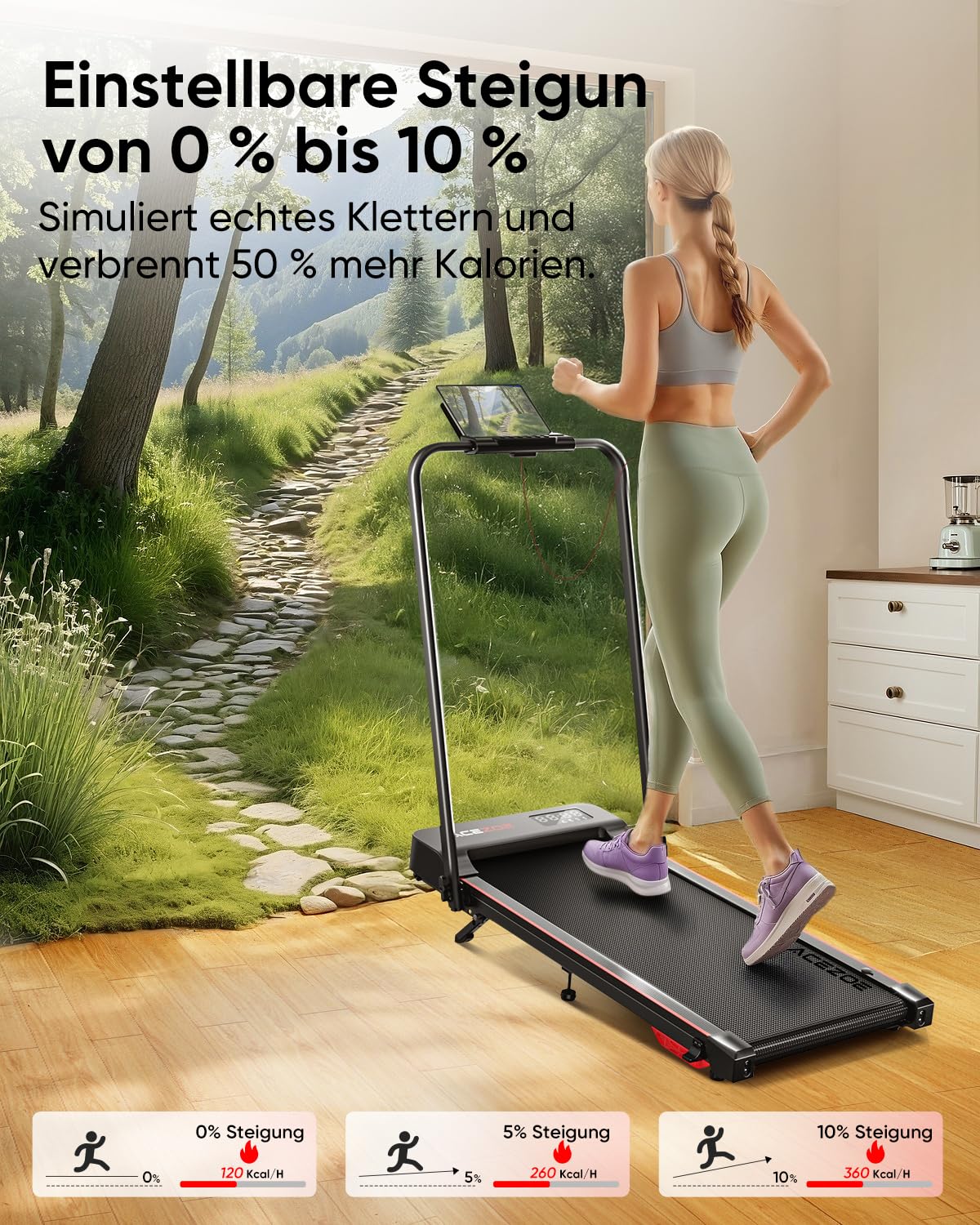 6 in 1 laufband für zuhause klappbar,Walking Pad mit Steigung 10% in 3 Stufen und Griff, Treadmill für Zuhause/Büro mit LED-Anzeige, Bis 135kg Belastbar,Fernbedienung und App,Keine Installation
