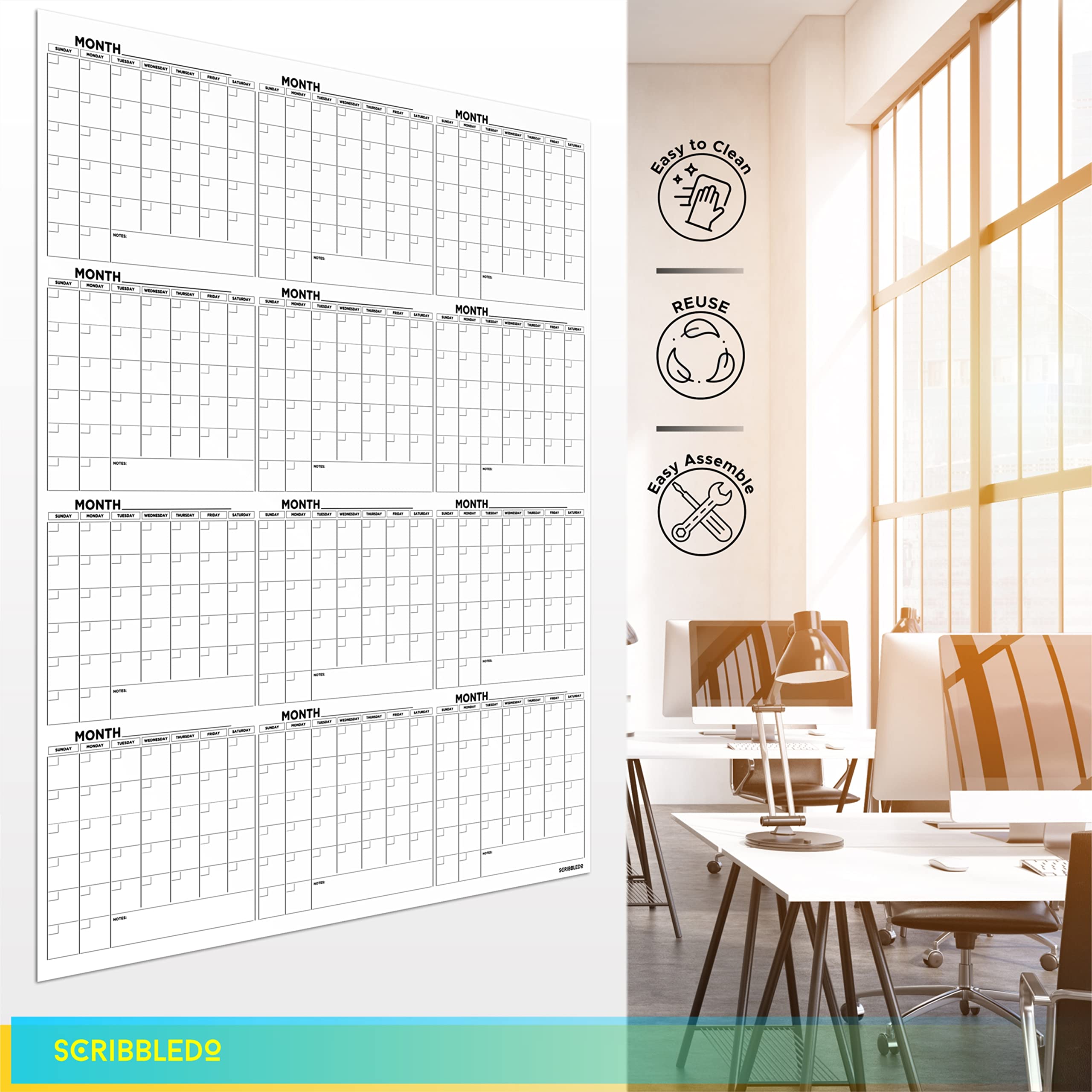 Grande calendario da parete cancellabile a secco 91,4 x 121,9 cm, calendario da parete 2024 annuale mensile, include 6 pennarelli, cancellino e nastro di montaggio