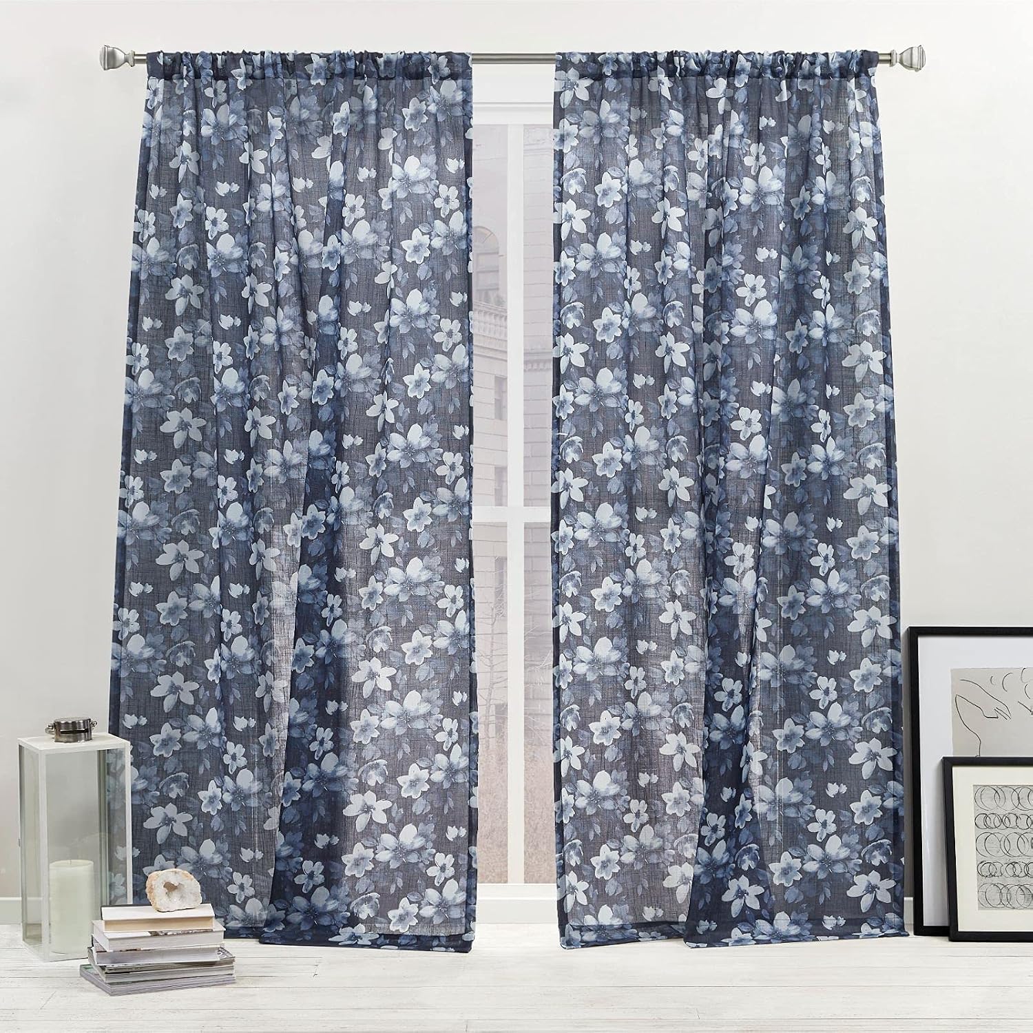 Nicole Miller New York Dara Light Filtering, Semi Sheer Rod Pocket Curtain Panels, 54"x96", Indigo, Set of 2
