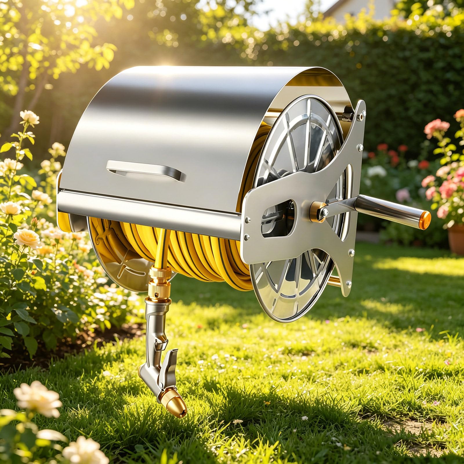 Schlauchtrommel aus Edelstahl mit 360° drehbarem Griff, wandmontierbar für Hof- und Gartenlagerung 20m