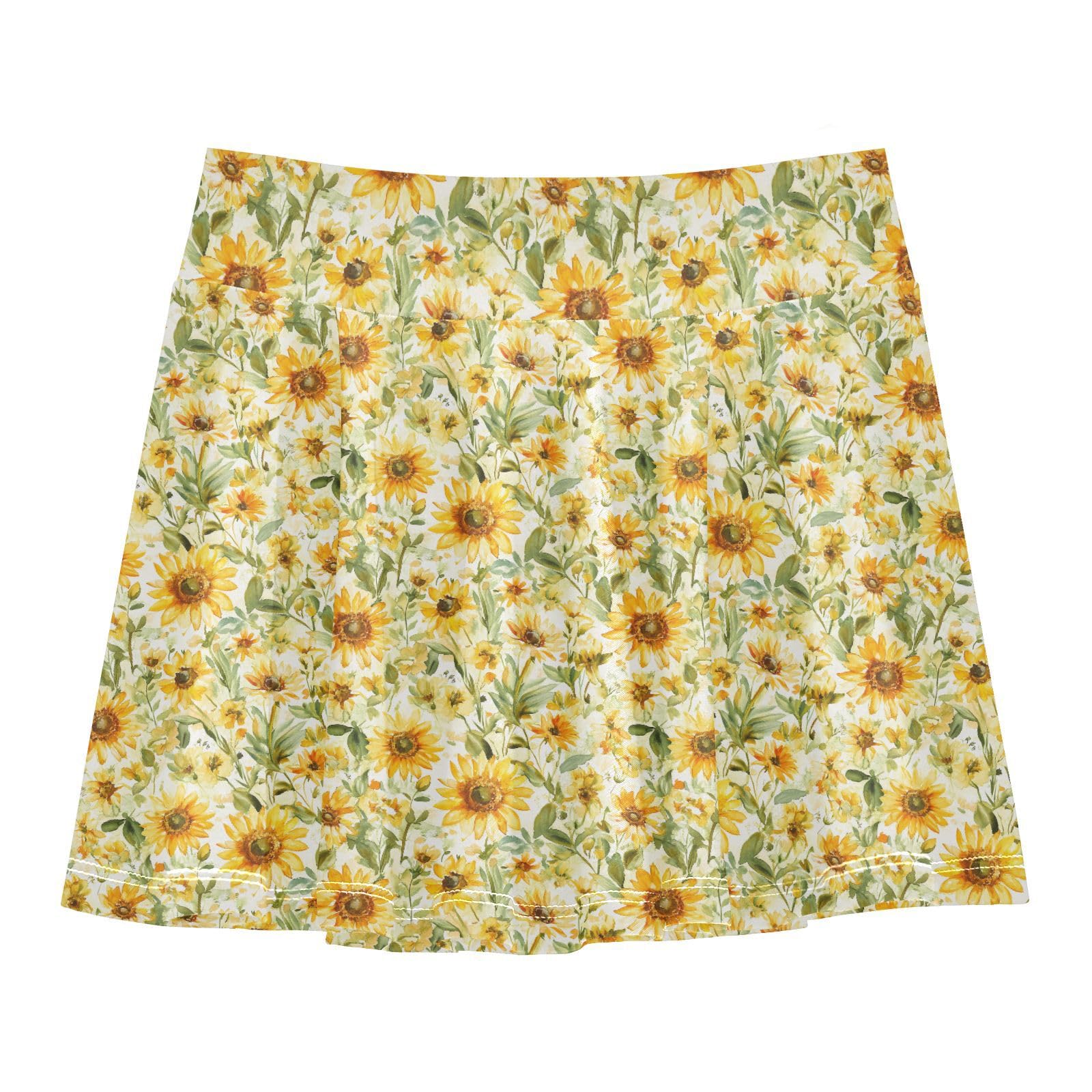 JUNZAN Abstract Sunflowers Flowy Girls Skirts with Shorts Kids Pleated Skort Little Girl SkortWith Pockets