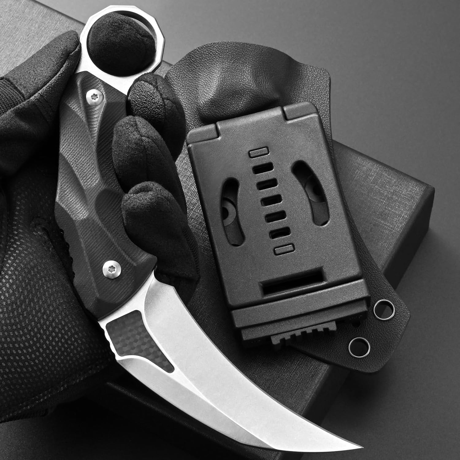 Ccanku C1692 Carbon Fiber Fixed Blade Knife,D2 Steel G10 Handle 4 Inches Camping EDC Tools Survival Claw Teeth Knife with Kydex Sheaths(Silver) … …