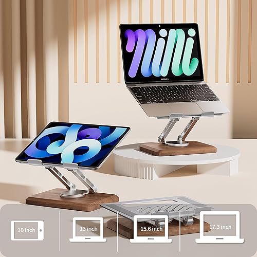 Miniatura 2 de muso wood Soporte para computadora portátil para escritorio, elevador de laptop con base giratoria de nogal de 360°, soporte ajustable para laptop,