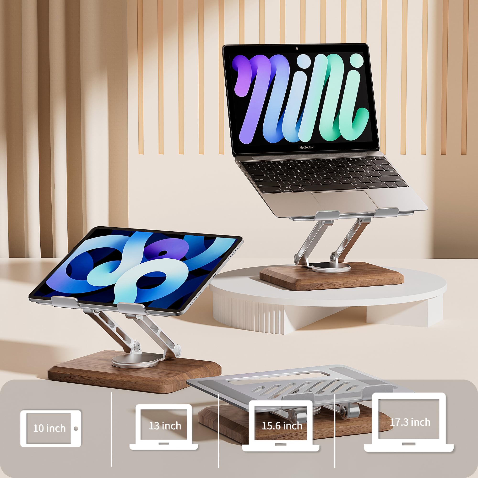 muso wood Supporto per laptop per scrivania, supporto per laptop con base girevole a 360 in noce, supporto regolabile per laptop, supporto ergonomico in legno ventilato per notebook da 10 a 17,3