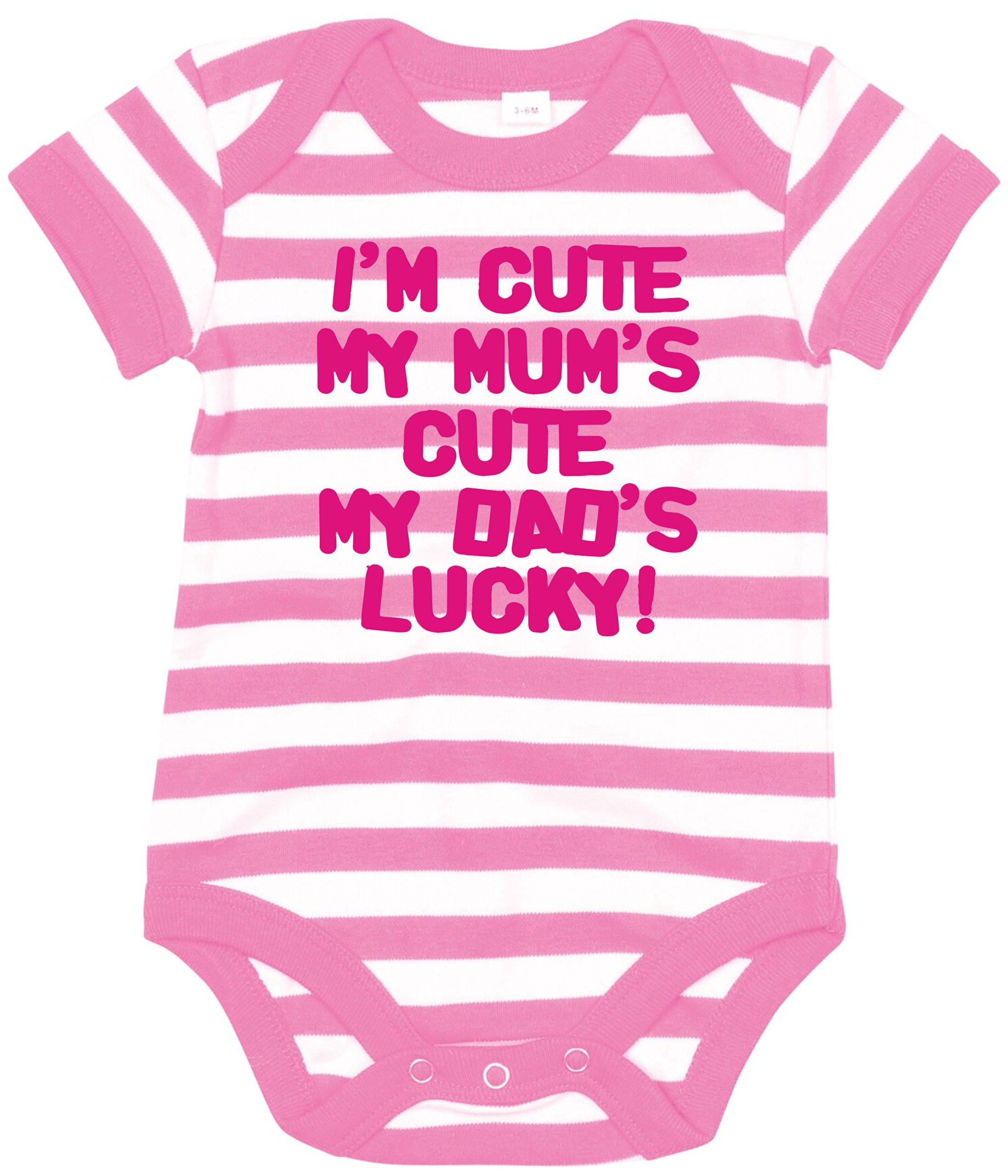 Edward Sinclair Bubblegum Pink And White | 3-6Months | Bubblegum Pink | White Striped Bodysuit | I'm Cute, My Mums Cute, My Dads Lucky | Hot Pink Print