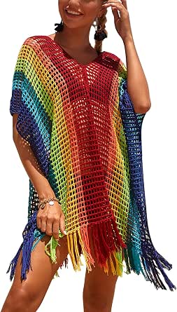 Shermie Women's Long Crochet Cover Up Dress - V-Neck, Side Slit, Loose Fit Beach Swimsuit Coverup