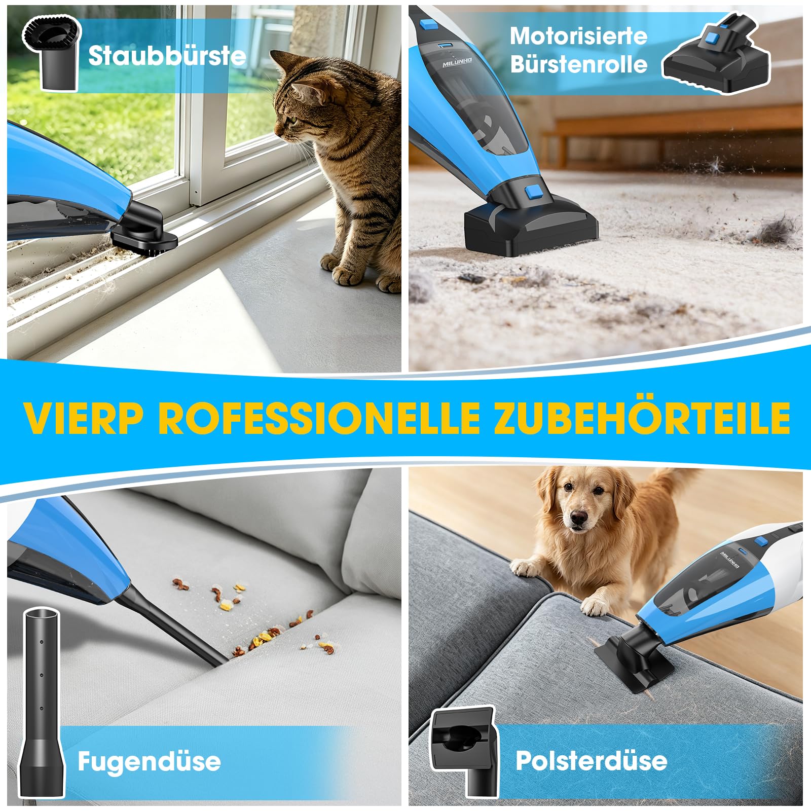 Aspiradora de mano inalámbrica recargable 4 en 1, aspiradora de pelo de mascotas con cepillo de goma giratorio, filtro HEPA, 25-30 minutos de trabajo