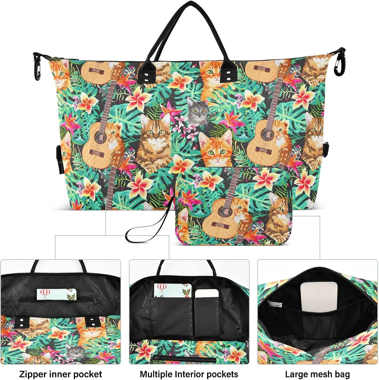 Weekender Bags Travel Duffel Gym Bag Carry on Overnight Tote Bag with Toiletry Bag for Airplane Travel Trip Gym Yoga (Hawaiian Orange Cat Tabby Face)
