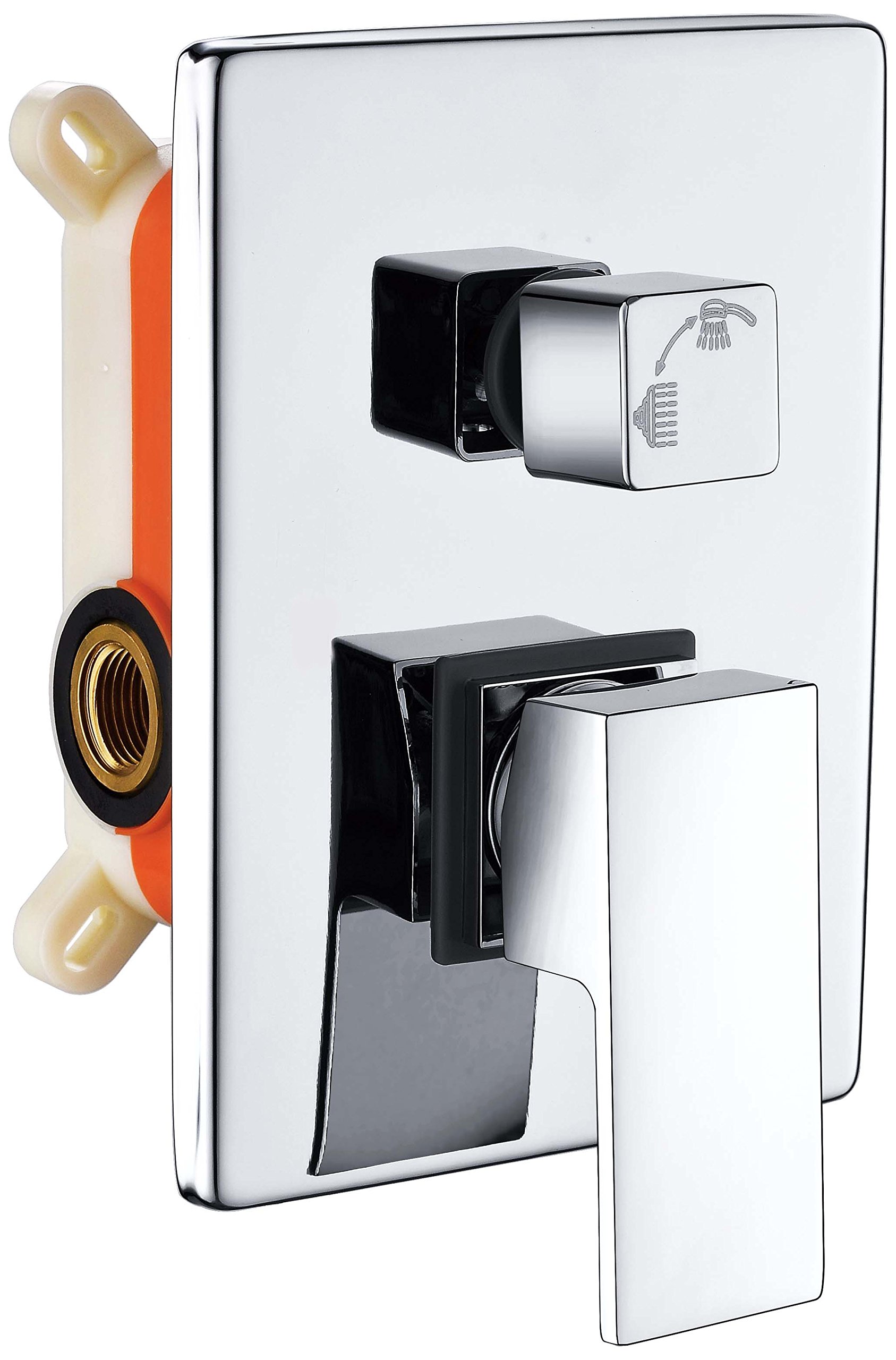 Kibath 466351 Grifo monomando empotrar CAS salida pared. Acabado cuadrado cromo brillo. Incluye soporte con toma agua, flexo PVC plateado, brazo ducha y rociador extraplano, 1