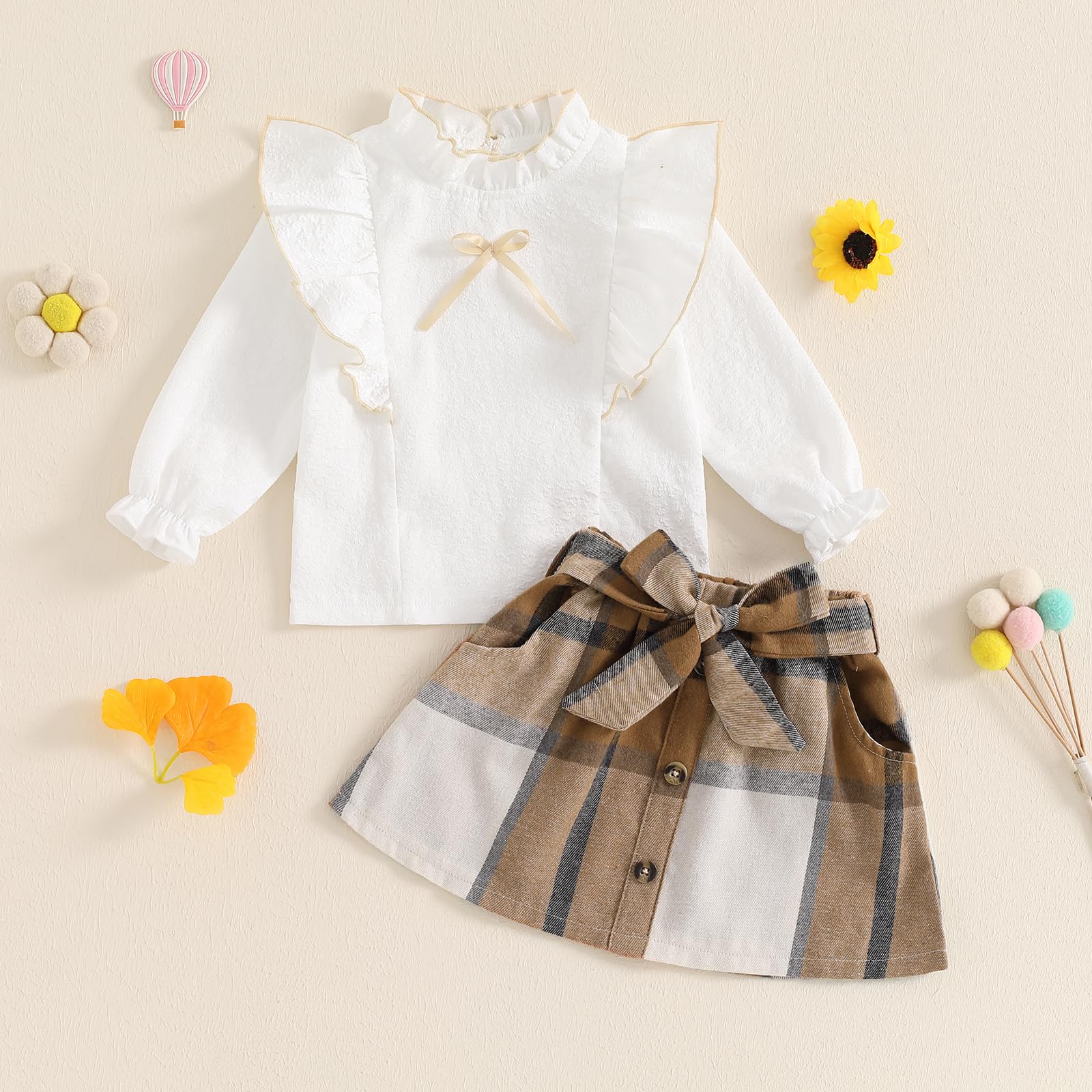 Ursobutegl Toddler Baby Girl Skirt Set Ruffle Long Sleeve T-Shirt Tops Bow Plaid Dresses Infant Fall Winter Outfits Clothes (Brown, 18-24 Months)