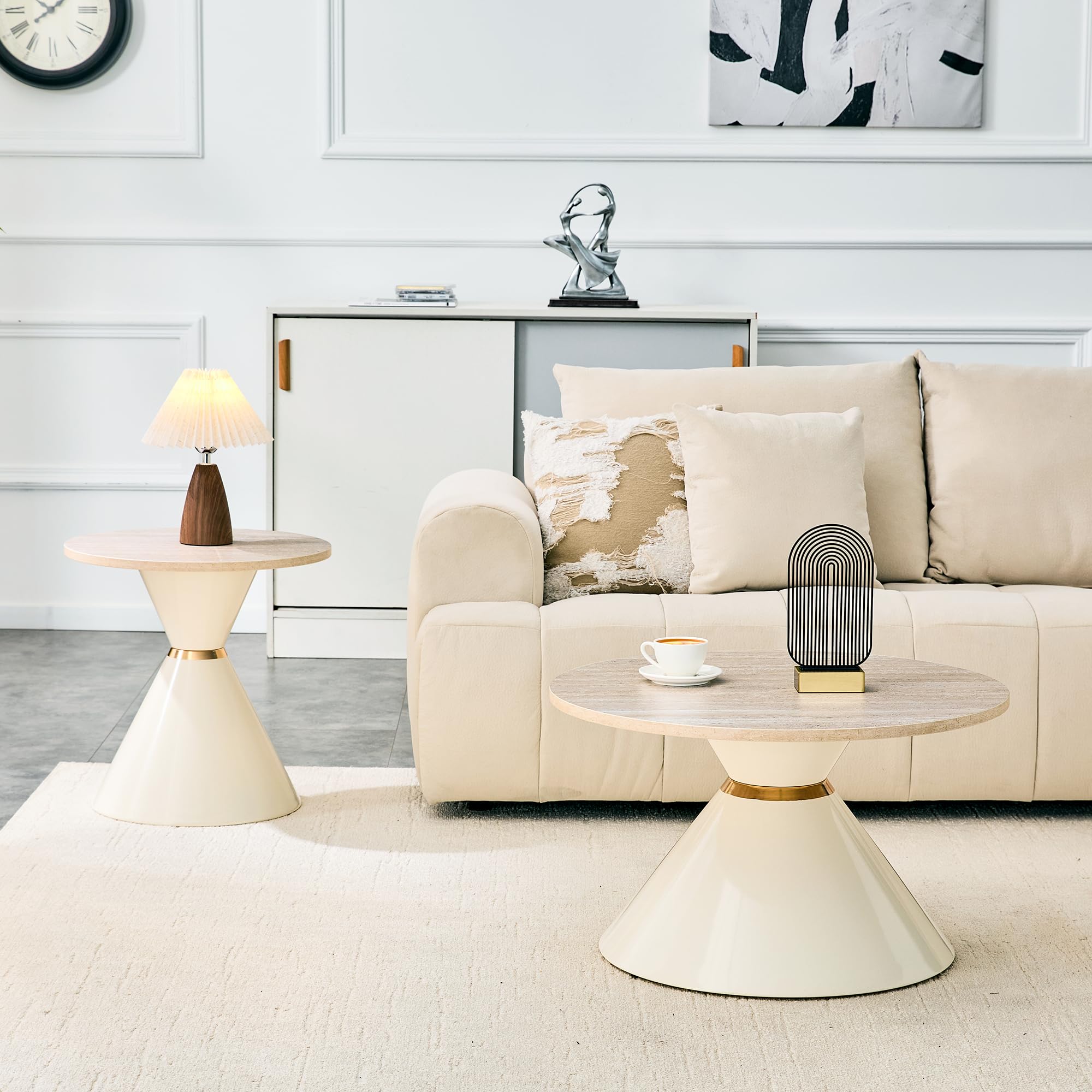2er Set Couchtisch Rund, Nesting Couchtisch mit Melamin-Tischplatte, Wohnzimmertisch mit Goldakzenten, Sofatisch für Wohnzimmer und Schlafzimmer & Büro, Cremeweiß
