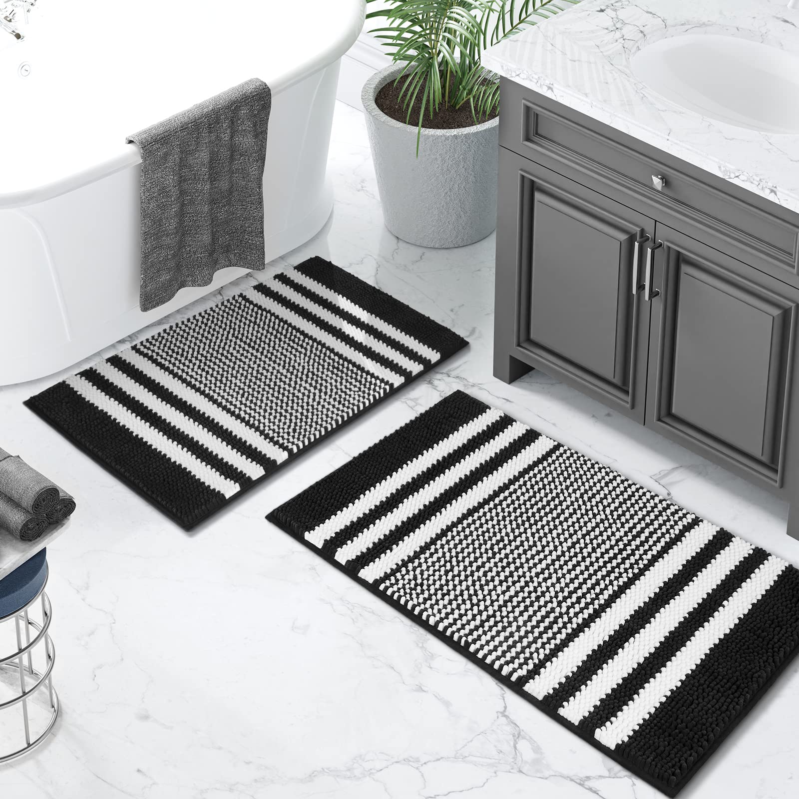Tindbea Bathroom Rugs Set 2 Piece, Extra Soft and Absorbent Fluffy Striped Chenille Bath Mat Rug Set, Non Slip Bathroom Floor Mat, Machine Washable (20" x 32" Plus 16" x 24", Black)