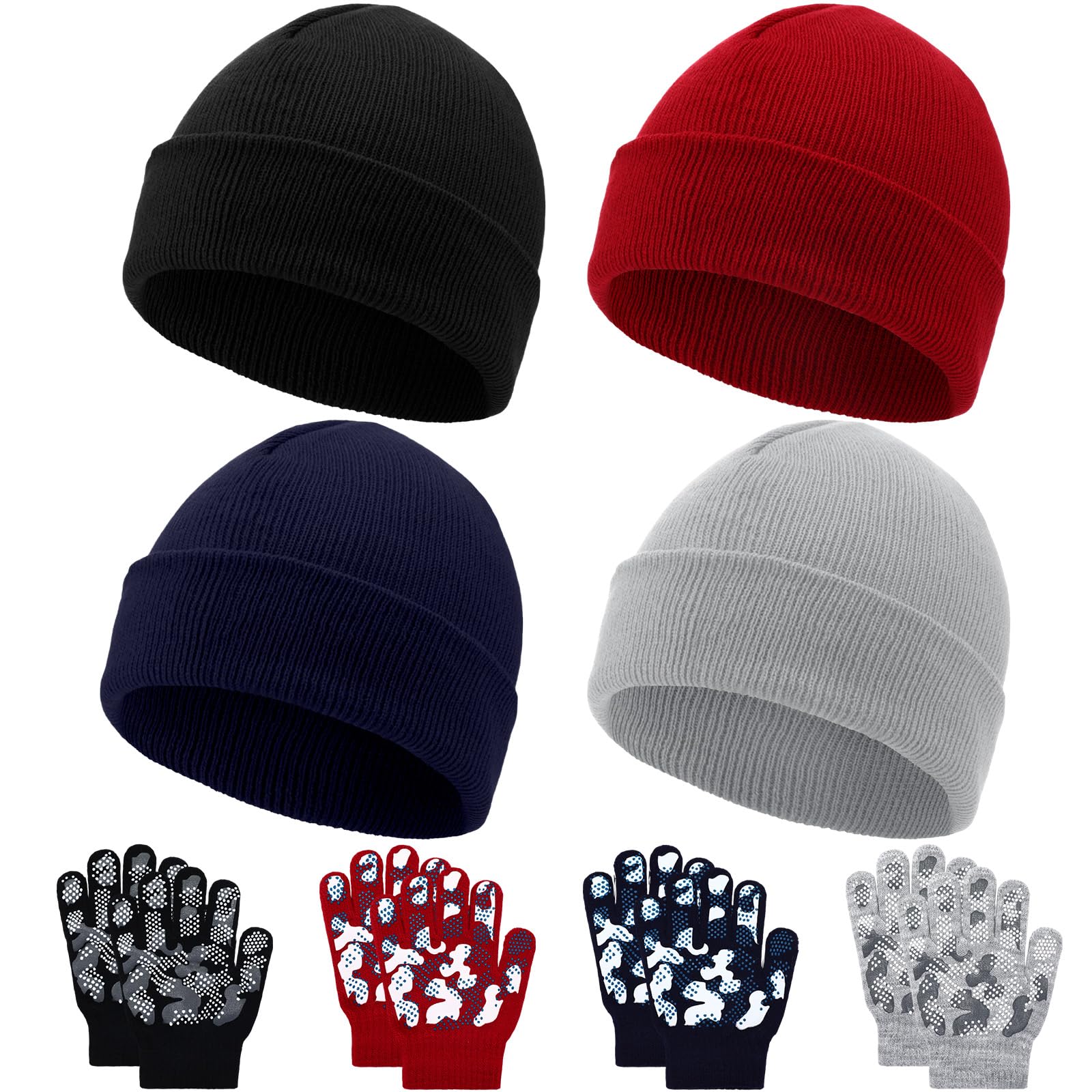 Evervibe 8 Pack Kids Beanie Hats and Gloves Set Knitted Beanies Hat Warm Stretch Gripper Gloves Winter Hats for Boys Girls