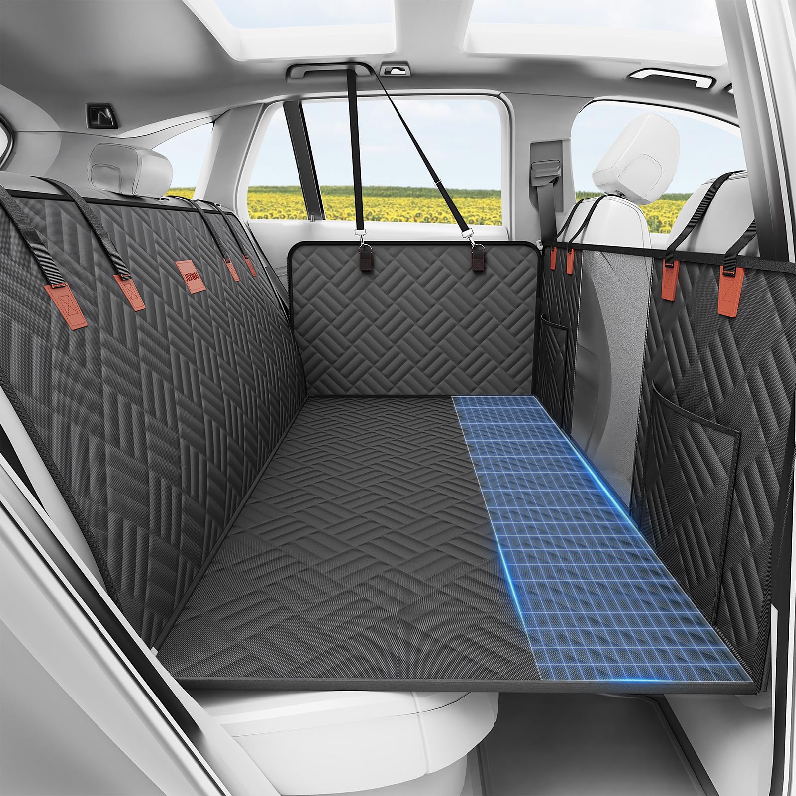 JDXWAI Dog Car Seat Cover, 400lbs Hard Bottom Back Seat Extender for Dogs, Waterproof Nonslip Dog Hammock with Mesh Window & Side Flaps, Foldable Scratch-Proof Backseat Protector for Cars SUV, Travel
